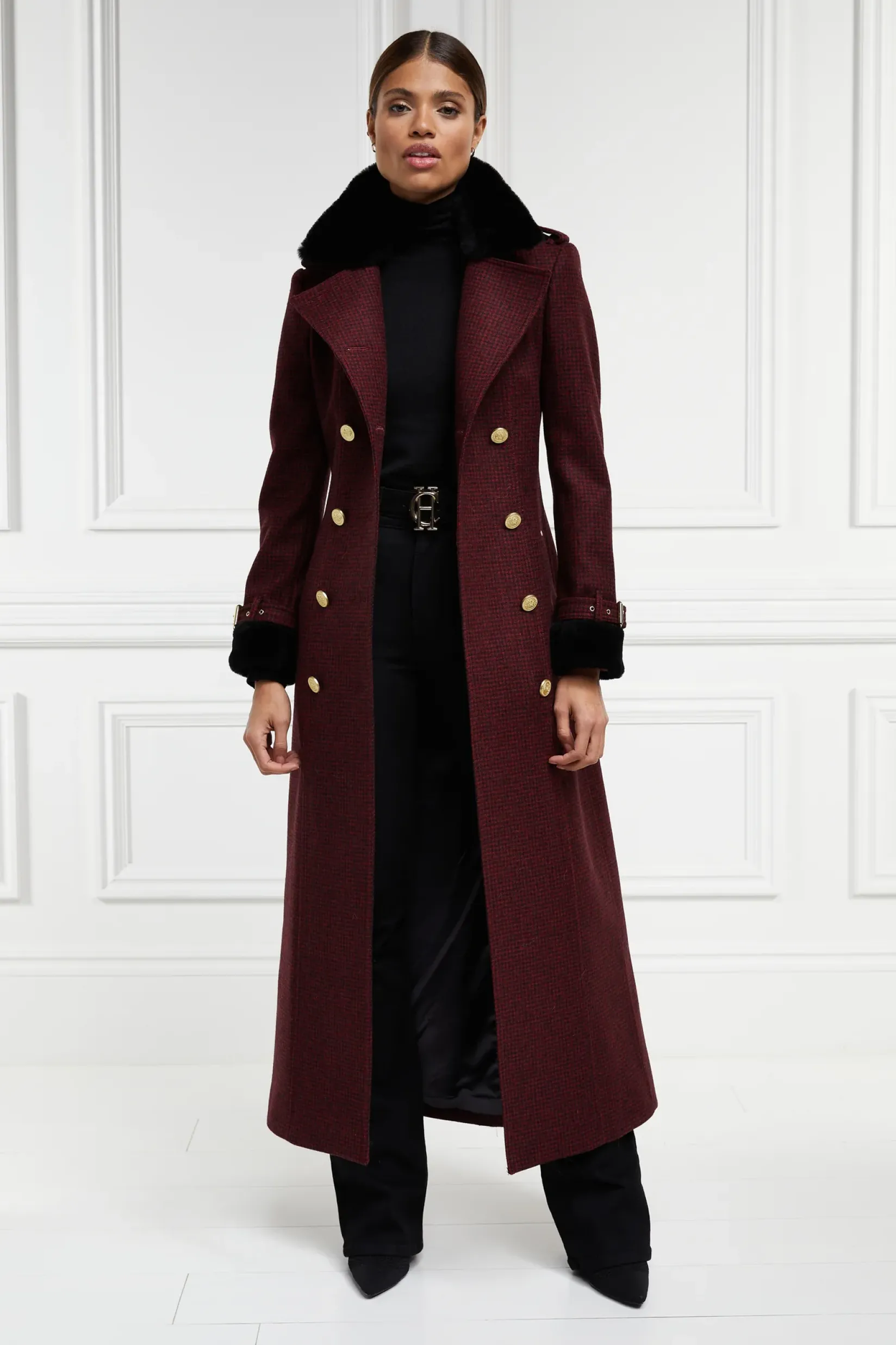 Holland Cooper Trench Coats|Coats-Gold Label Trench Deep Red Houndstooth