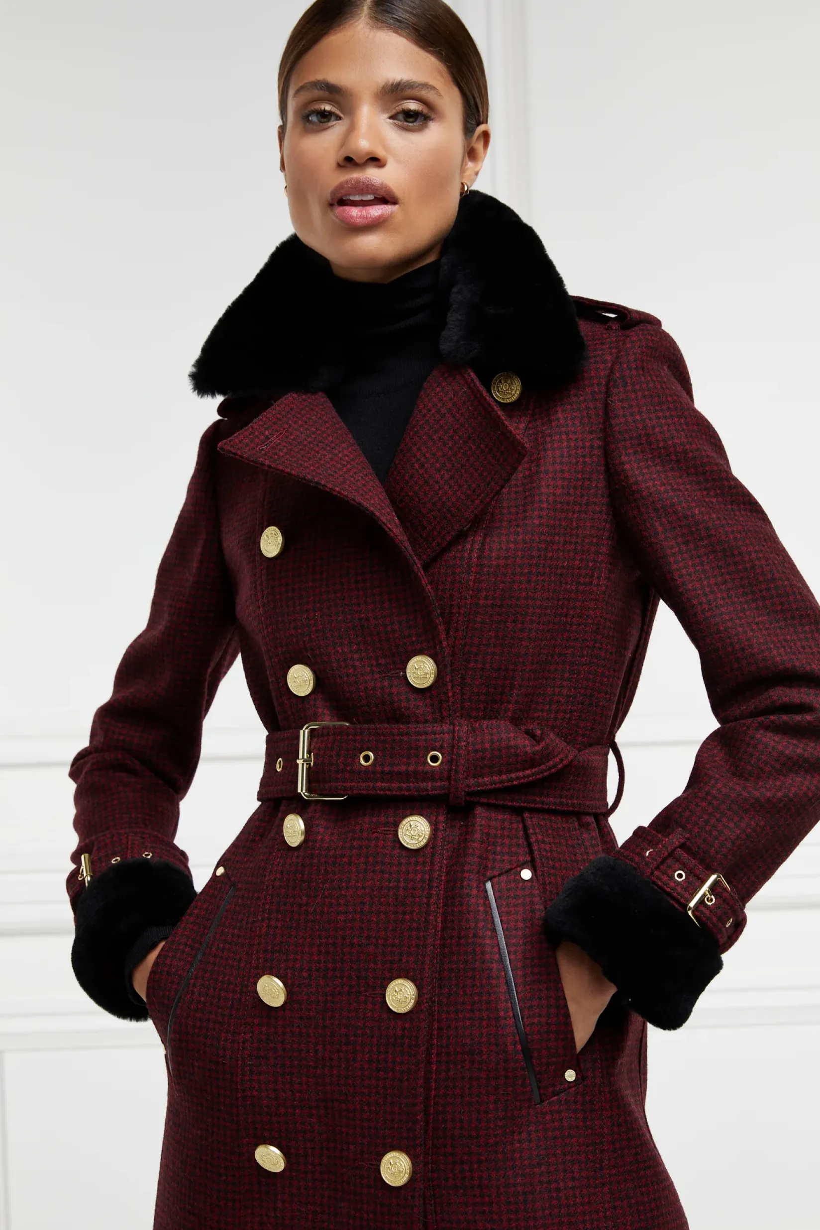 Holland Cooper Trench Coats|Coats-Gold Label Trench Deep Red Houndstooth