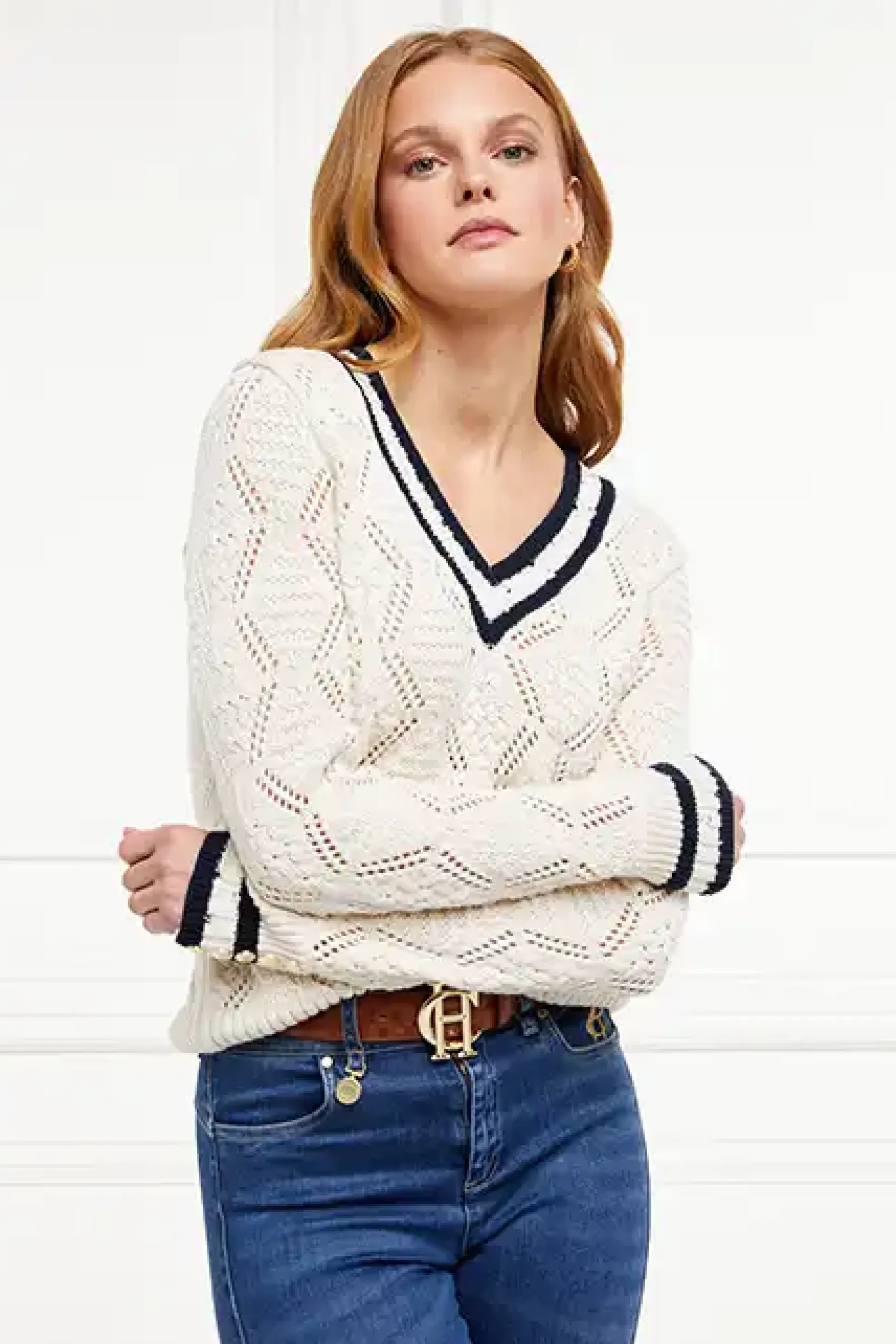 Holland Cooper Knitwear-Harvard V-Neck Knit Natural