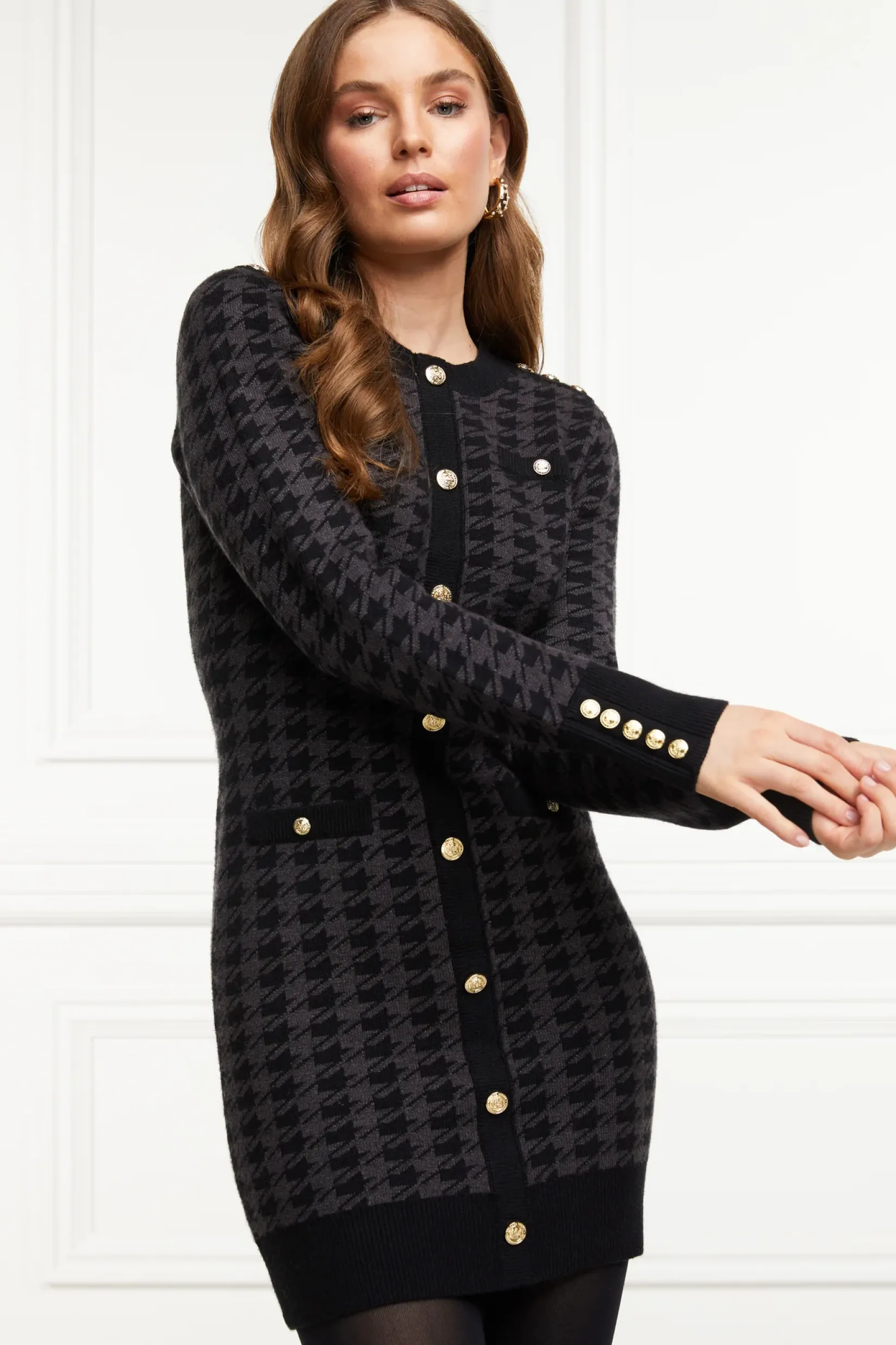 Holland Cooper Dresses-Hepburn Mini Dress Grey Houndstooth