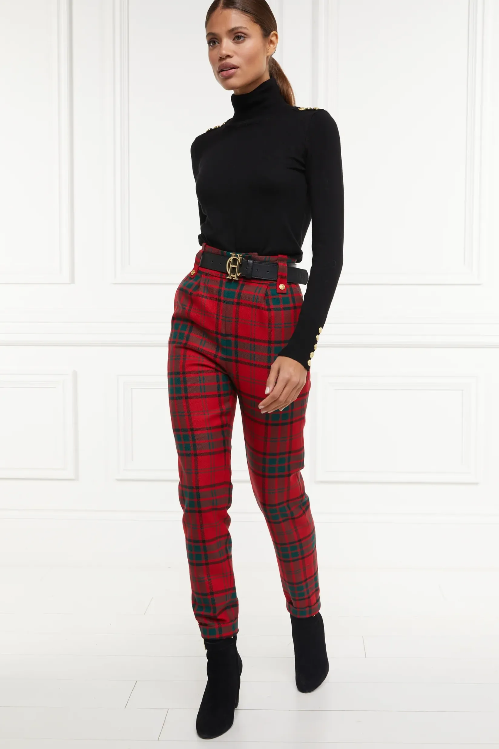 Holland Cooper Trousers-High Waisted Peg Trouser Red Tartan