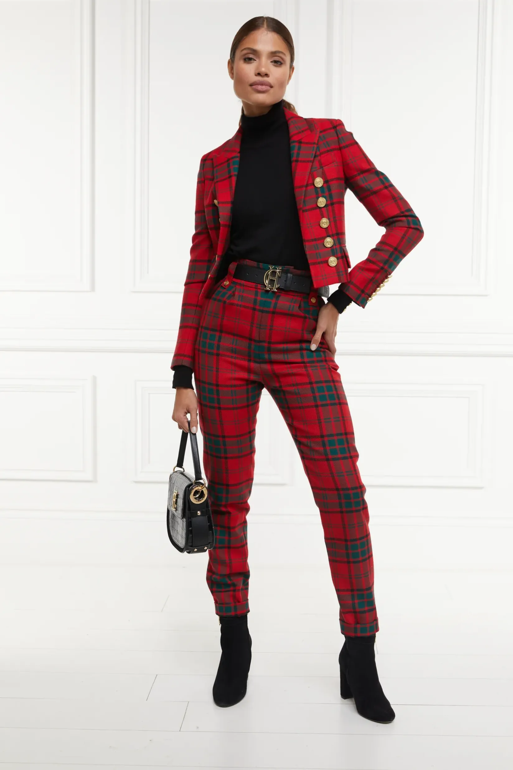 Holland Cooper Trousers-High Waisted Peg Trouser Red Tartan