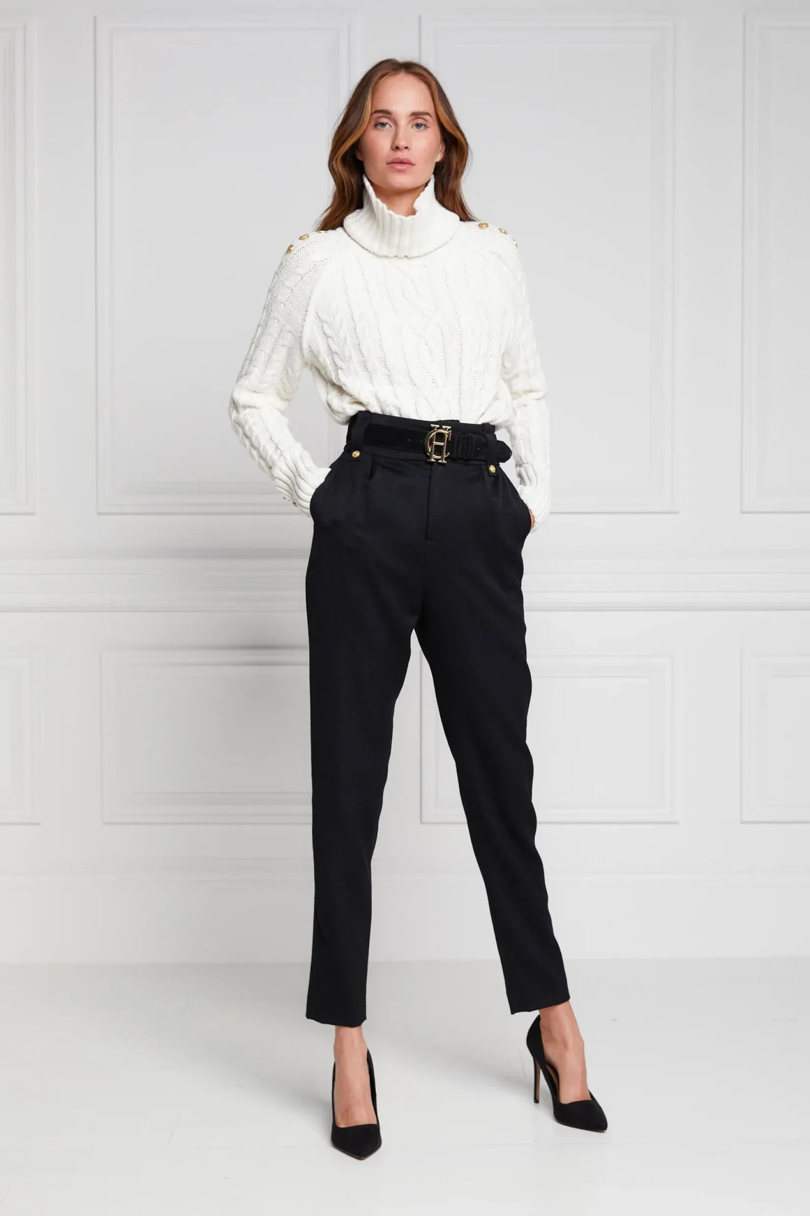 Holland Cooper Trousers|In Stock Tailoring-High Waisted Peg Trouser Black Barathea