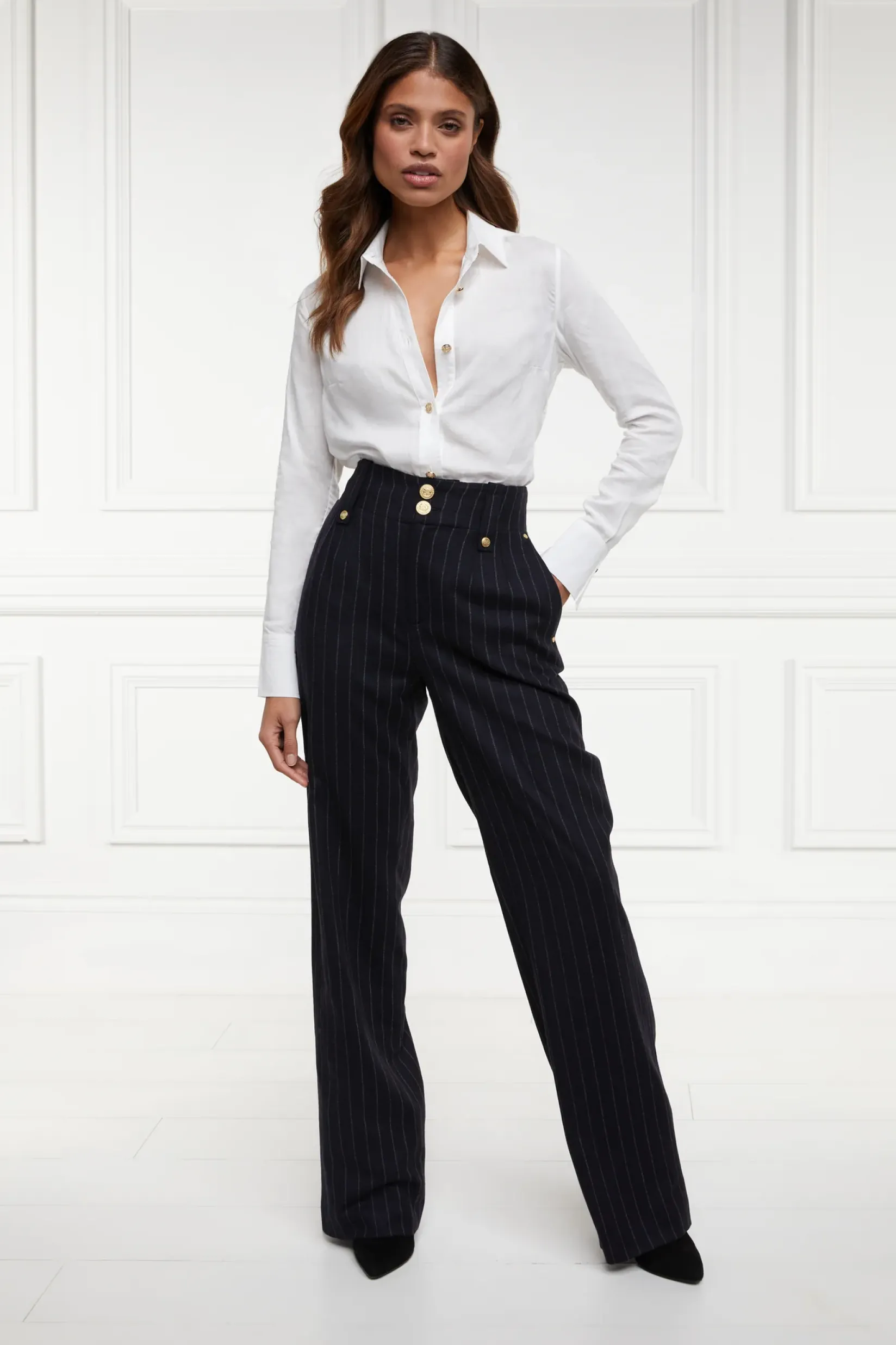 Holland Cooper Gifts For Her|Trousers-High Waisted Straight Trouser Navy Chalk Pin Stripe