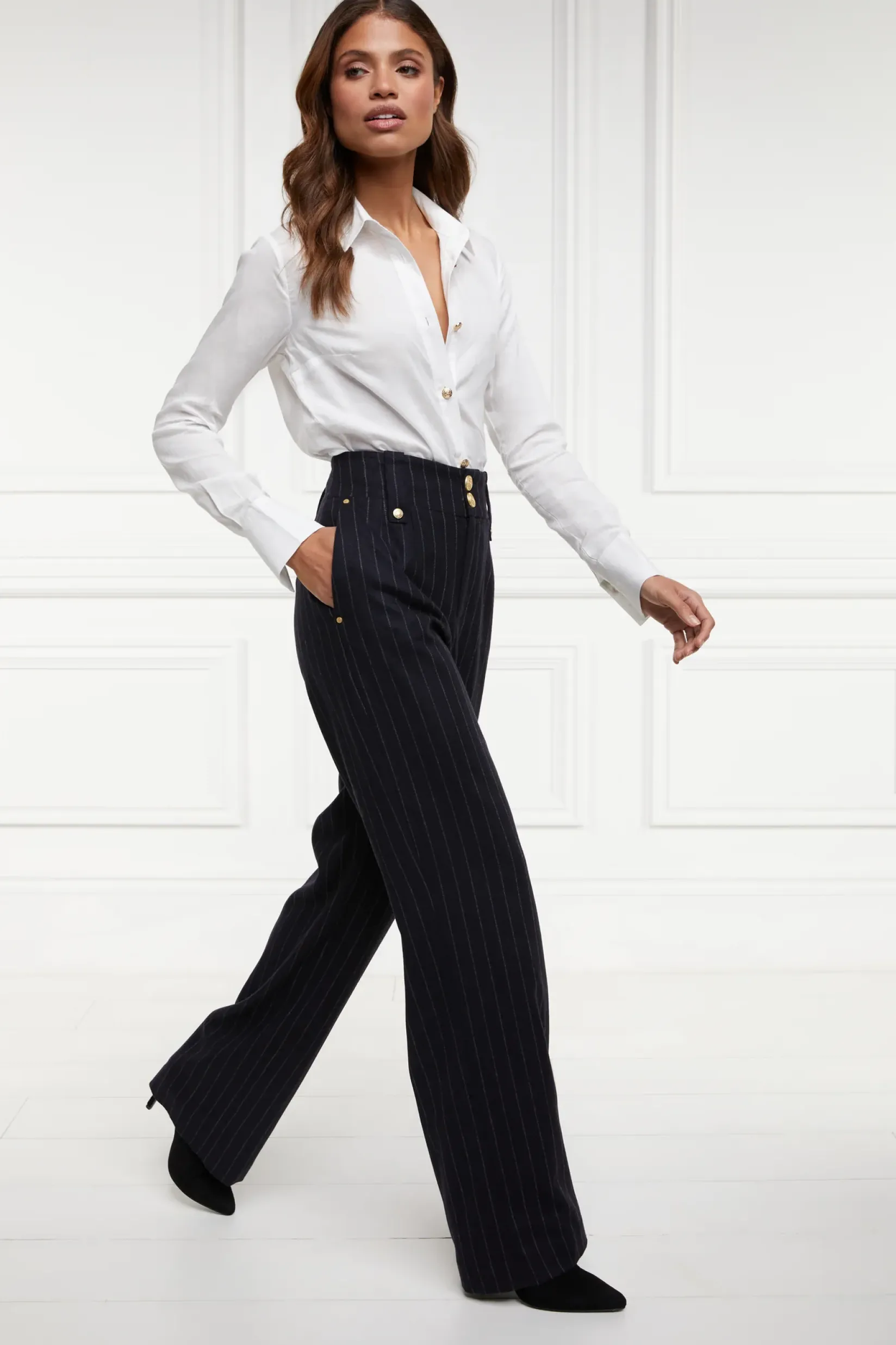 Holland Cooper Gifts For Her|Trousers-High Waisted Straight Trouser Navy Chalk Pin Stripe