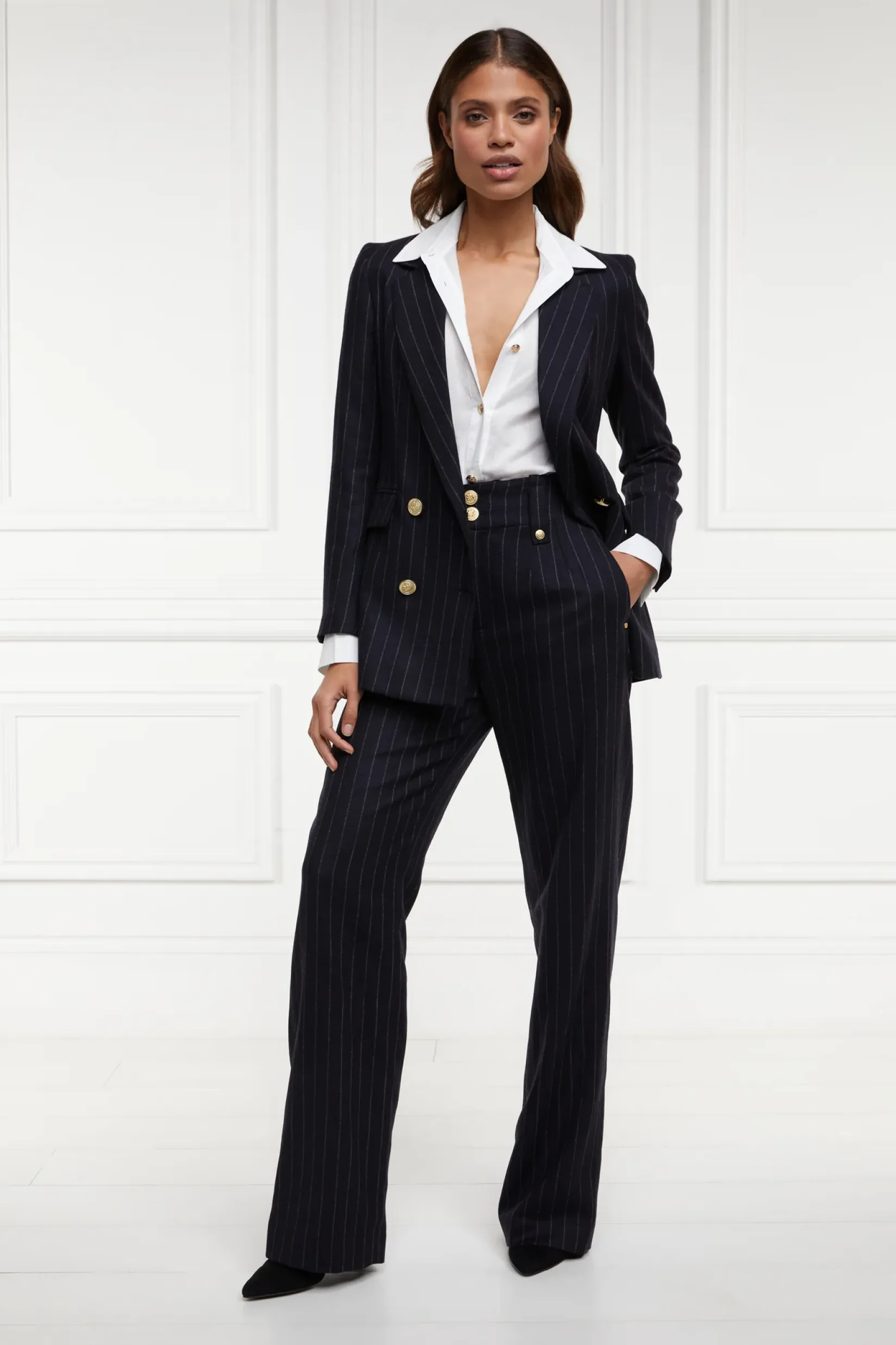 Holland Cooper Gifts For Her|Trousers-High Waisted Straight Trouser Navy Chalk Pin Stripe