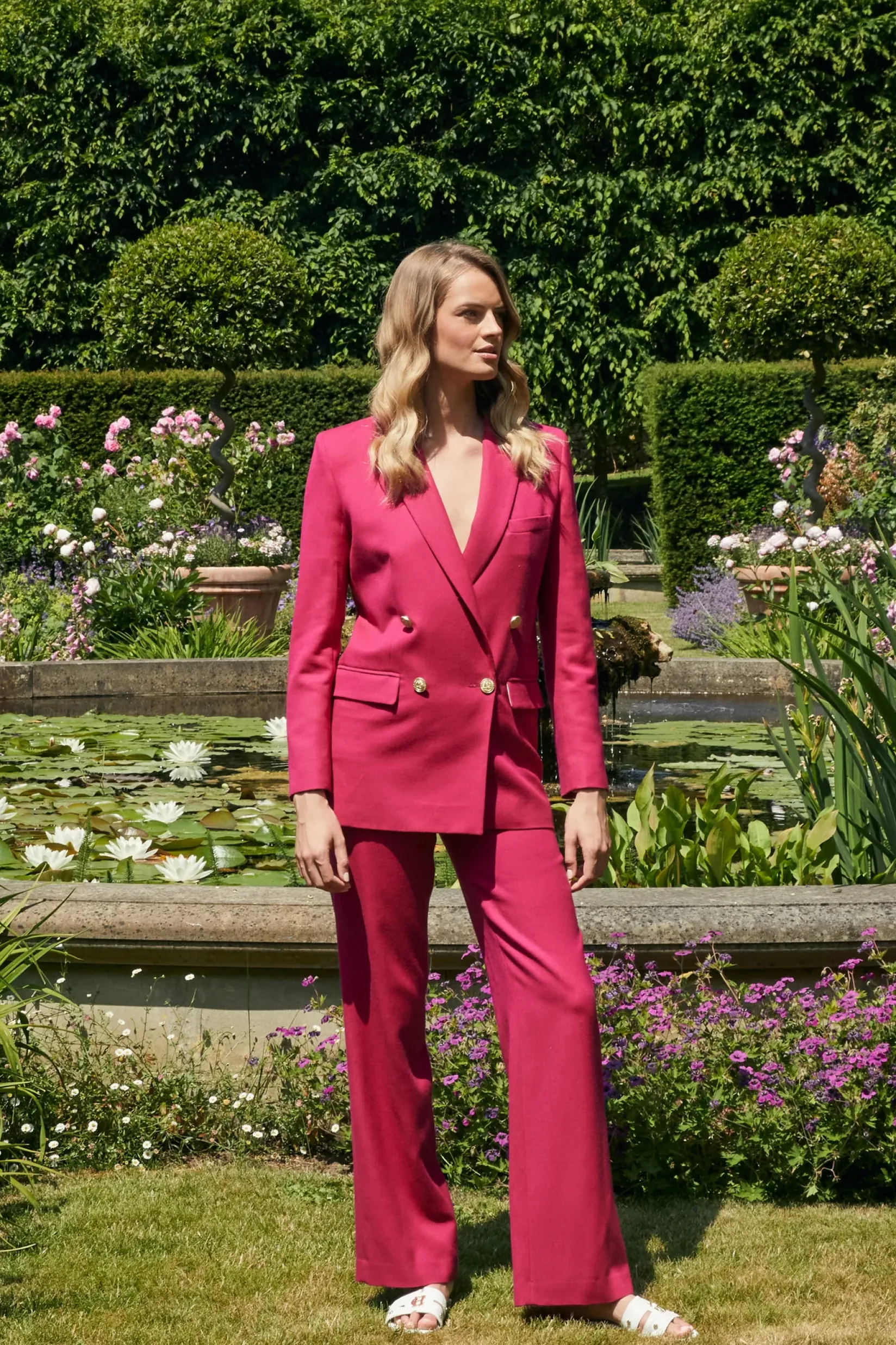Holland Cooper Gifts For Her|Trousers-High Waisted Straight Trouser Hot Pink Barathea