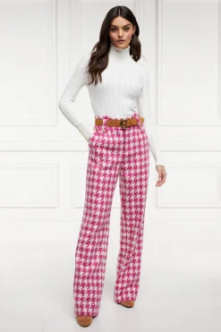 Holland Cooper Gifts For Her|Trousers-High Waisted Straight Trouser Hot Pink Large Scale Houndstooth