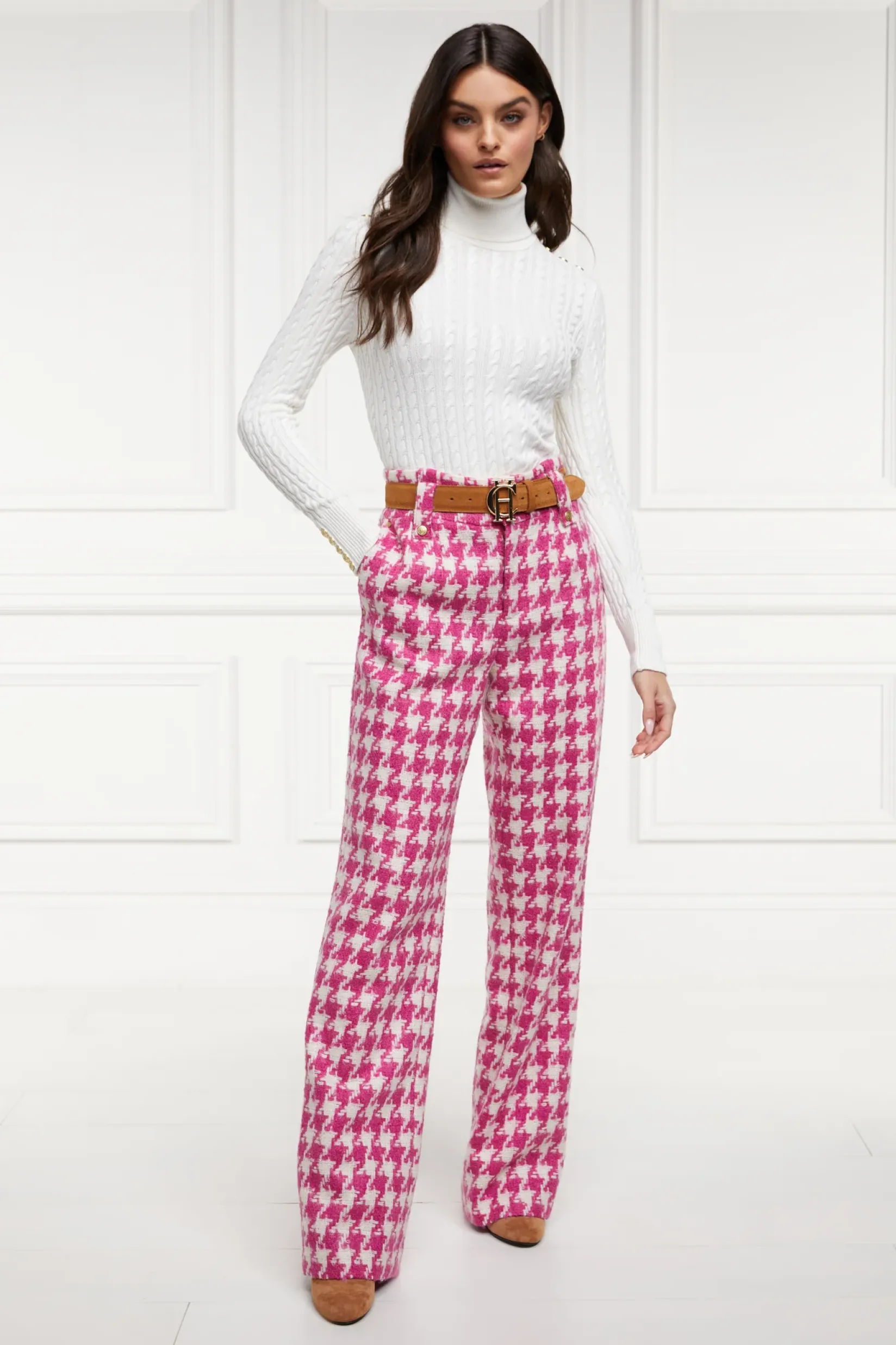 Holland Cooper Gifts For Her|Trousers-High Waisted Straight Trouser Hot Pink Large Scale Houndstooth