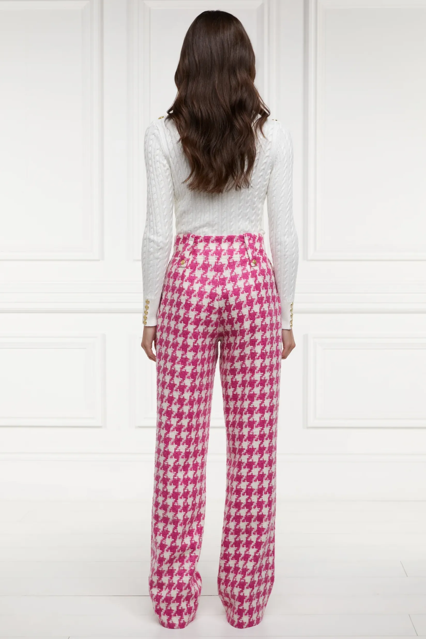 Holland Cooper Gifts For Her|Trousers-High Waisted Straight Trouser Hot Pink Large Scale Houndstooth