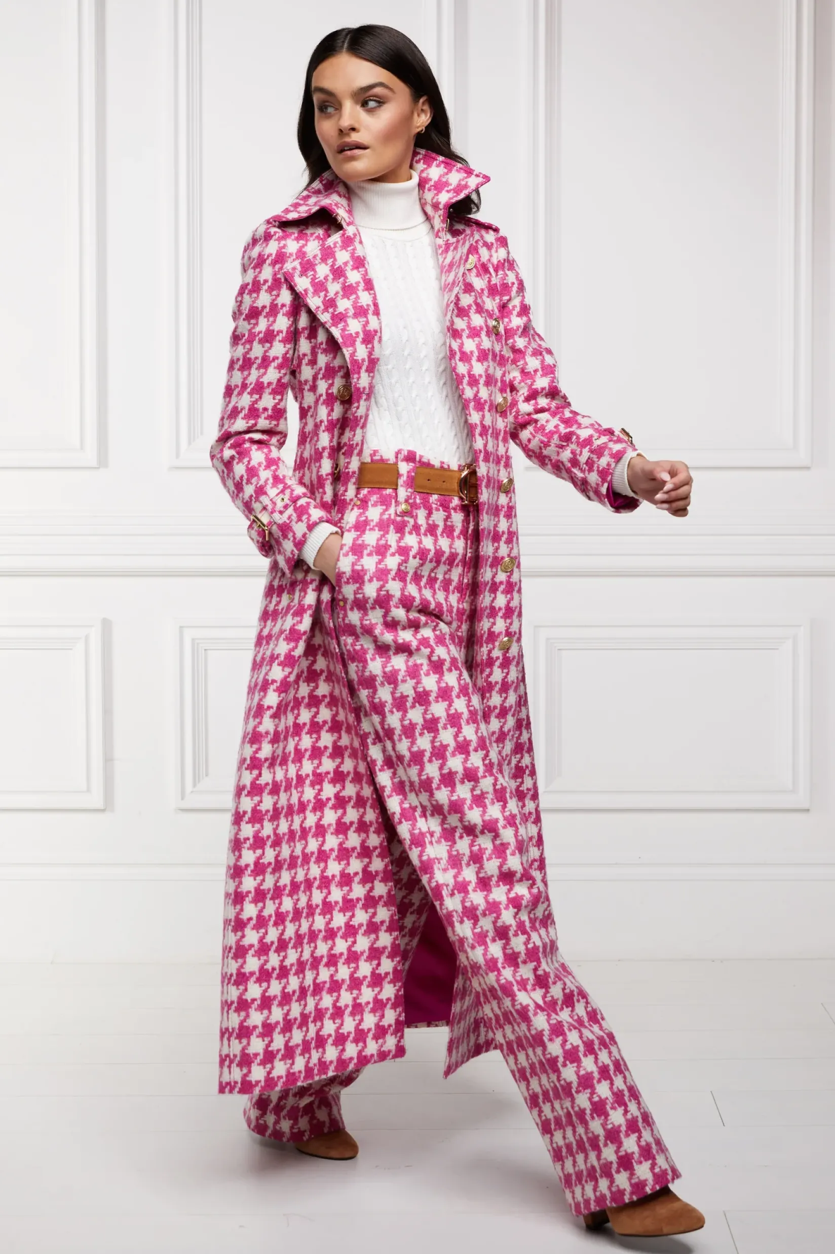 Holland Cooper Gifts For Her|Trousers-High Waisted Straight Trouser Hot Pink Large Scale Houndstooth
