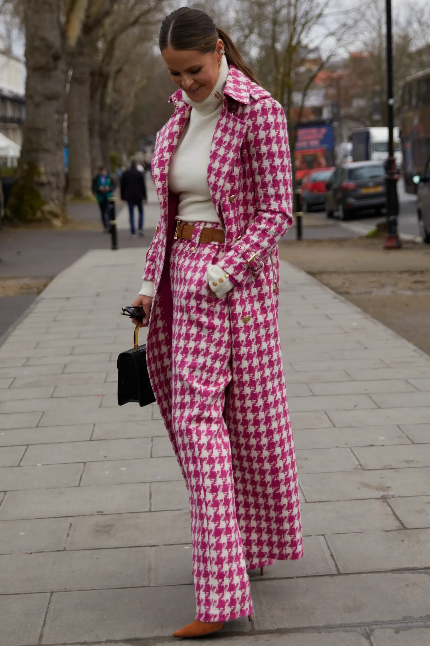 Holland Cooper Gifts For Her|Trousers-High Waisted Straight Trouser Hot Pink Large Scale Houndstooth