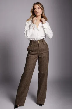Holland Cooper Trousers-High Waisted Straight Trouser Large Scale Brown Herringbone