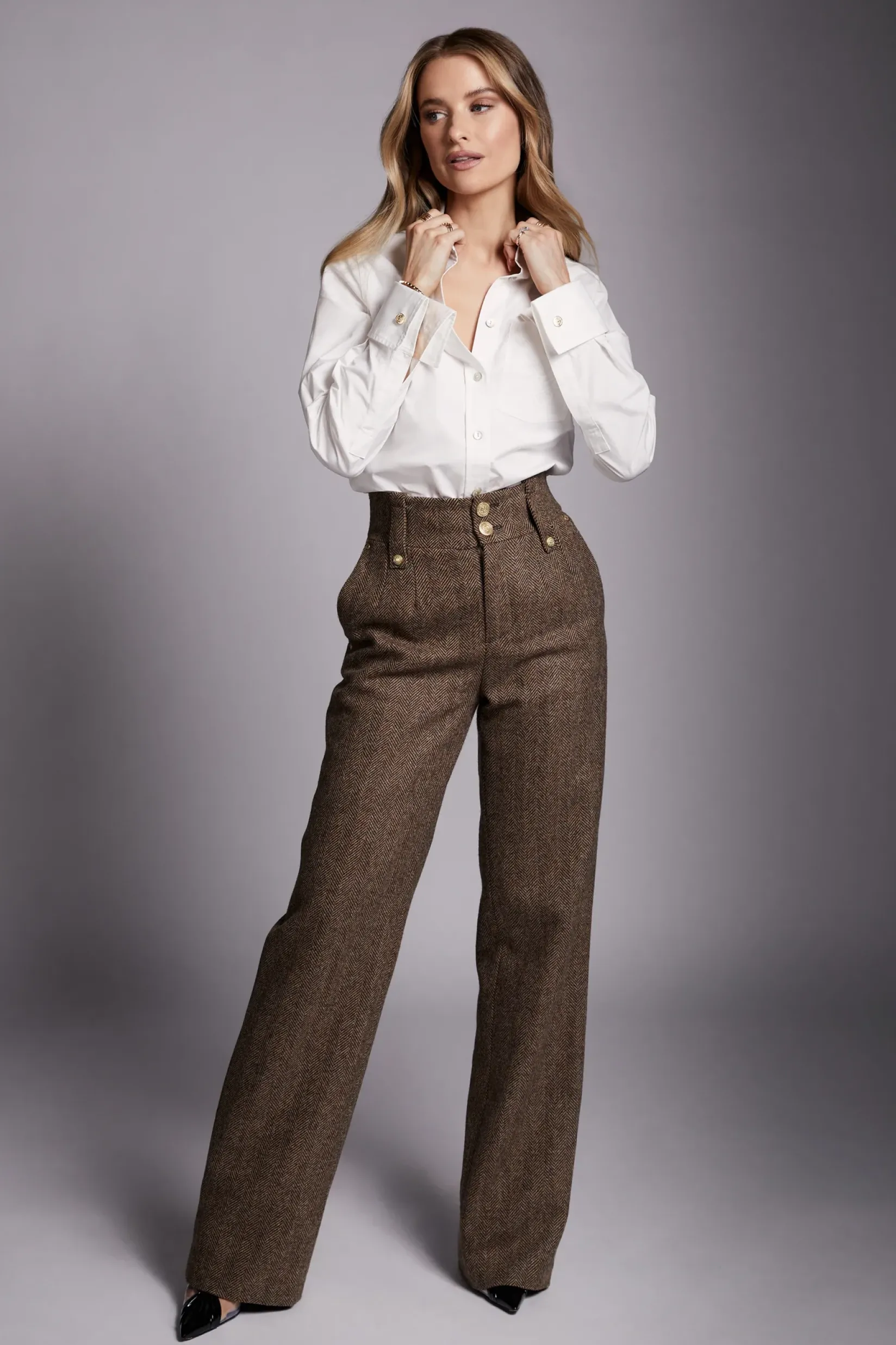Holland Cooper Trousers-High Waisted Straight Trouser Large Scale Brown Herringbone