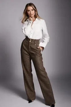 Holland Cooper Trousers-High Waisted Straight Trouser Large Scale Brown Herringbone