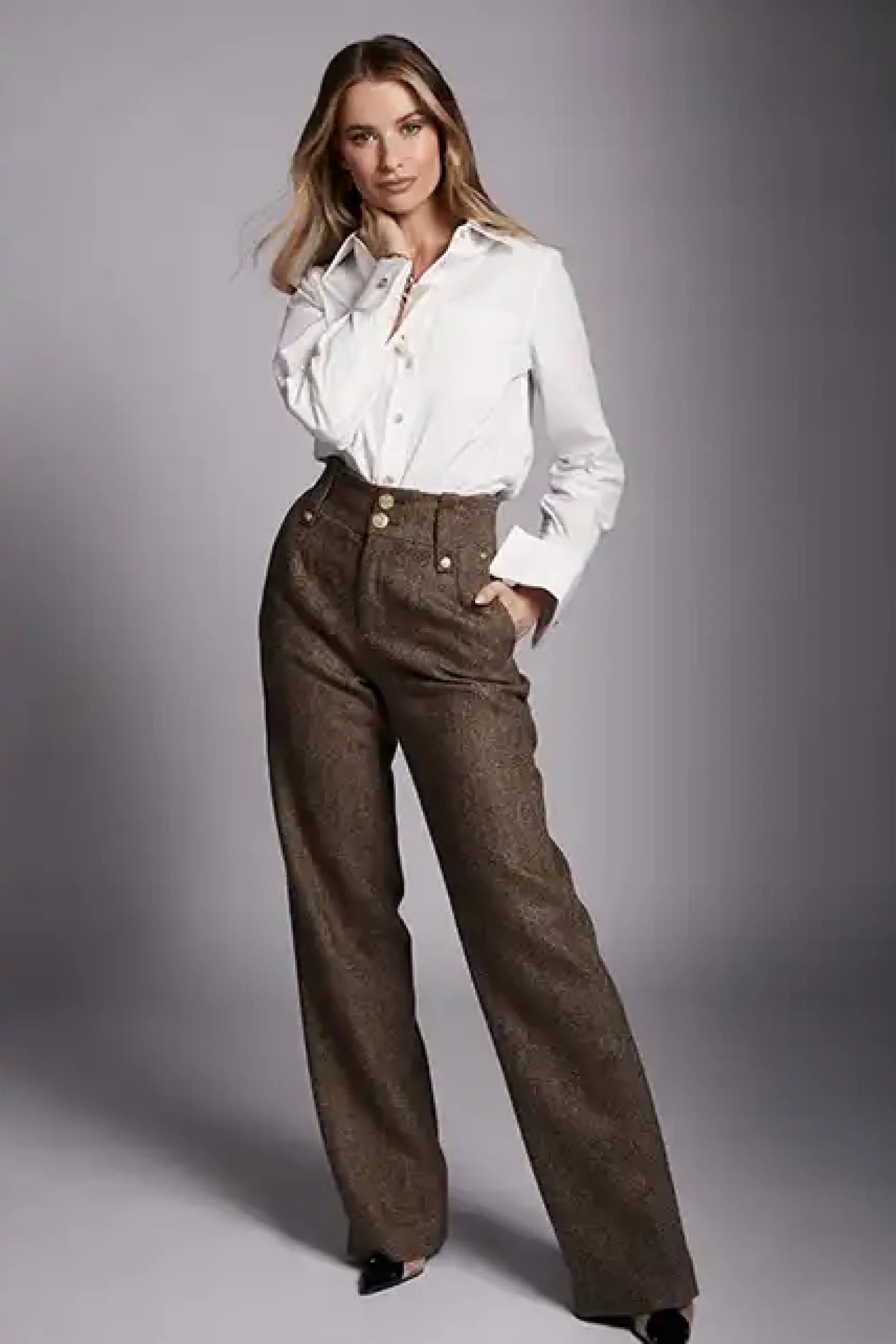 Holland Cooper Trousers-High Waisted Straight Trouser Large Scale Brown Herringbone