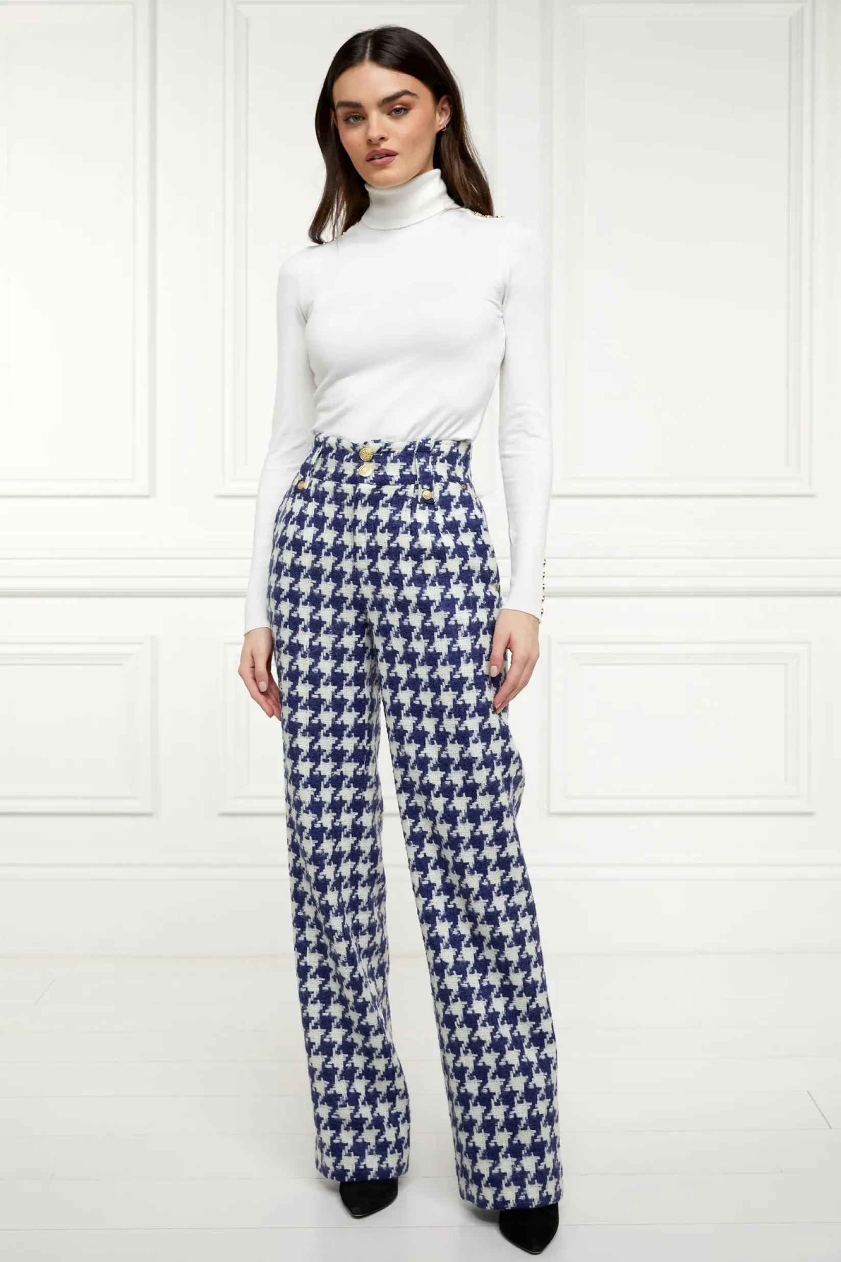 Holland Cooper Trousers|Seasonal Inspiration-High Waisted Straight Trouser Large Scale Navy Houndstooth