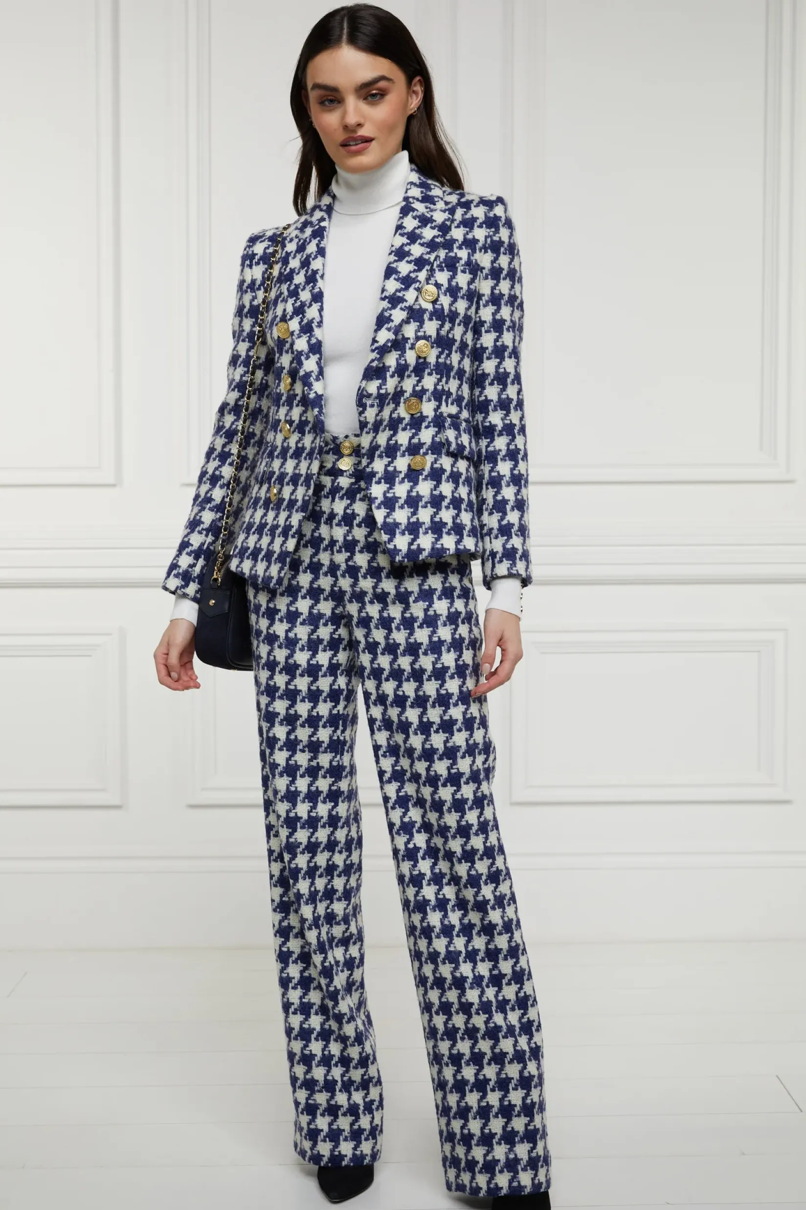 Holland Cooper Trousers|Seasonal Inspiration-High Waisted Straight Trouser Large Scale Navy Houndstooth