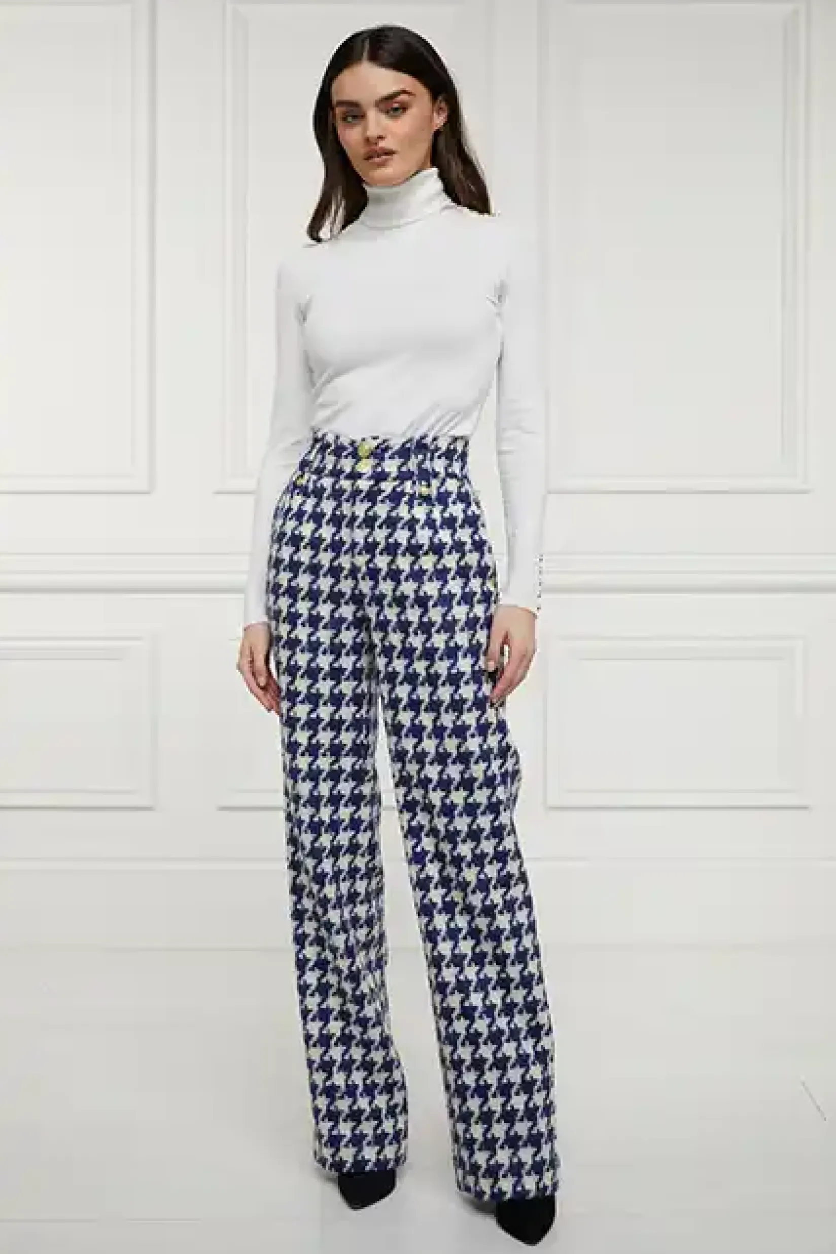 Holland Cooper Trousers|Seasonal Inspiration-High Waisted Straight Trouser Large Scale Navy Houndstooth