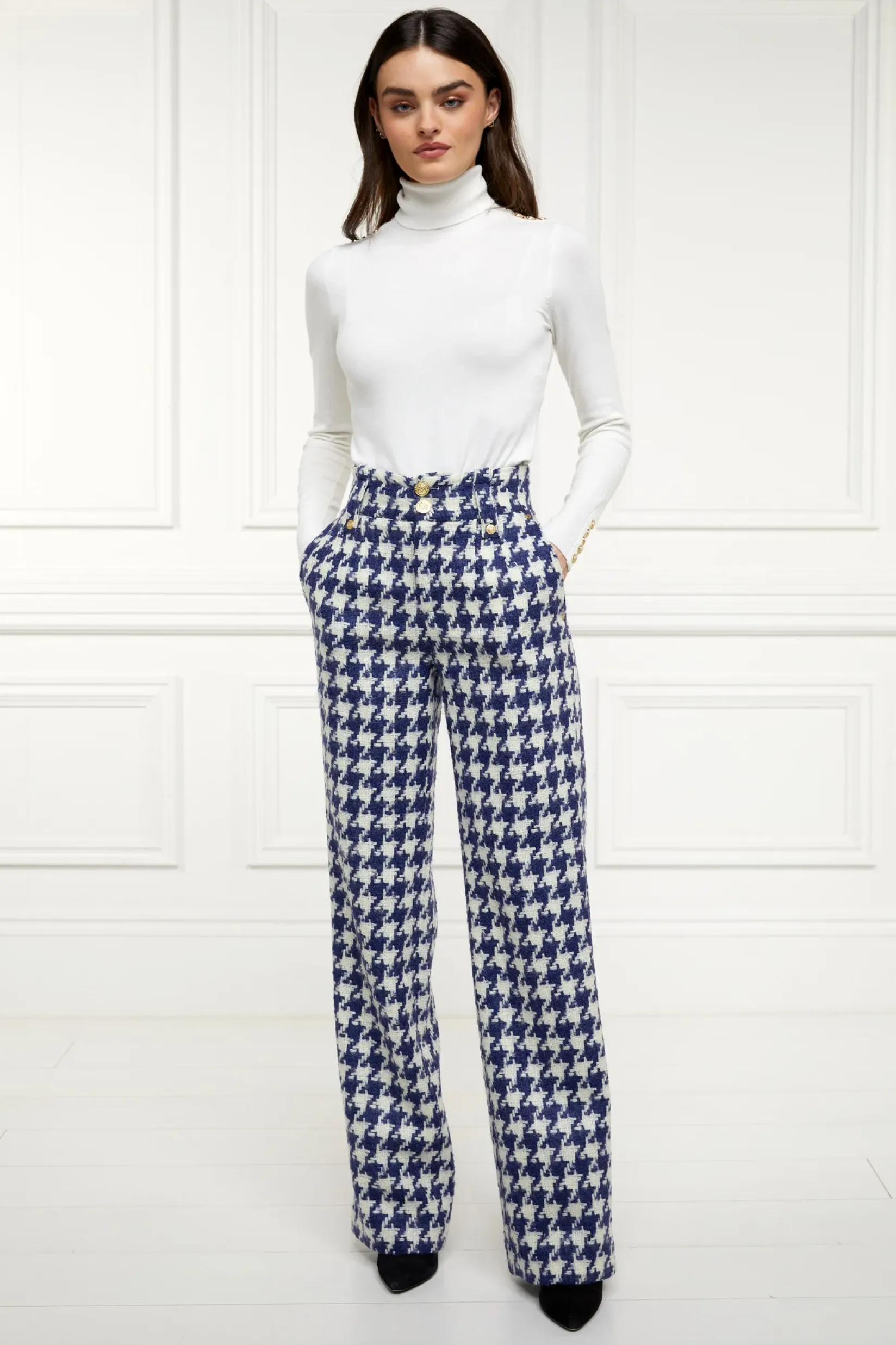 Holland Cooper Trousers|Seasonal Inspiration-High Waisted Straight Trouser Large Scale Navy Houndstooth