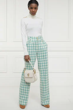 Holland Cooper Trousers|Workwear Wardrobe-High Waisted Straight Trouser Large Scale Teal Houndstooth