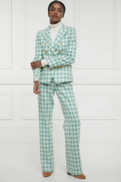 Holland Cooper Trousers|Workwear Wardrobe-High Waisted Straight Trouser Large Scale Teal Houndstooth