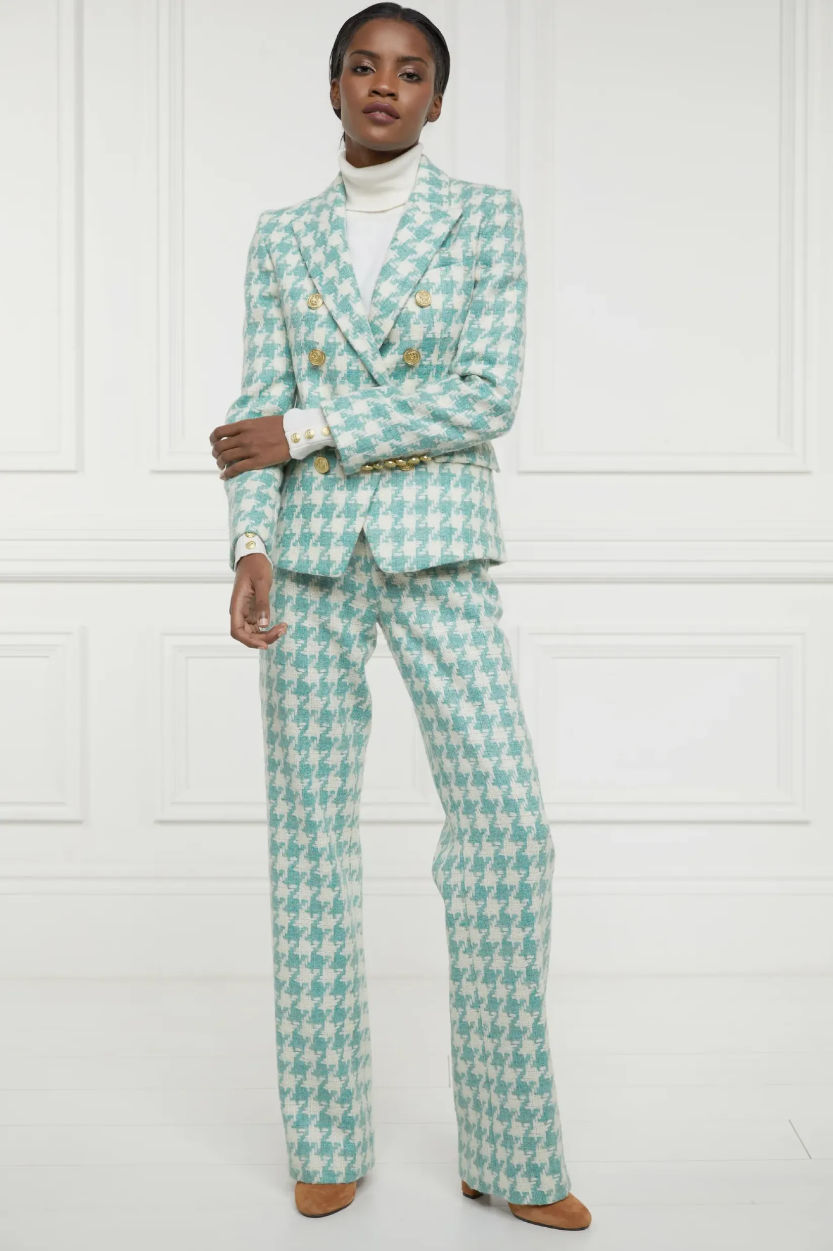 Holland Cooper Trousers|Workwear Wardrobe-High Waisted Straight Trouser Large Scale Teal Houndstooth