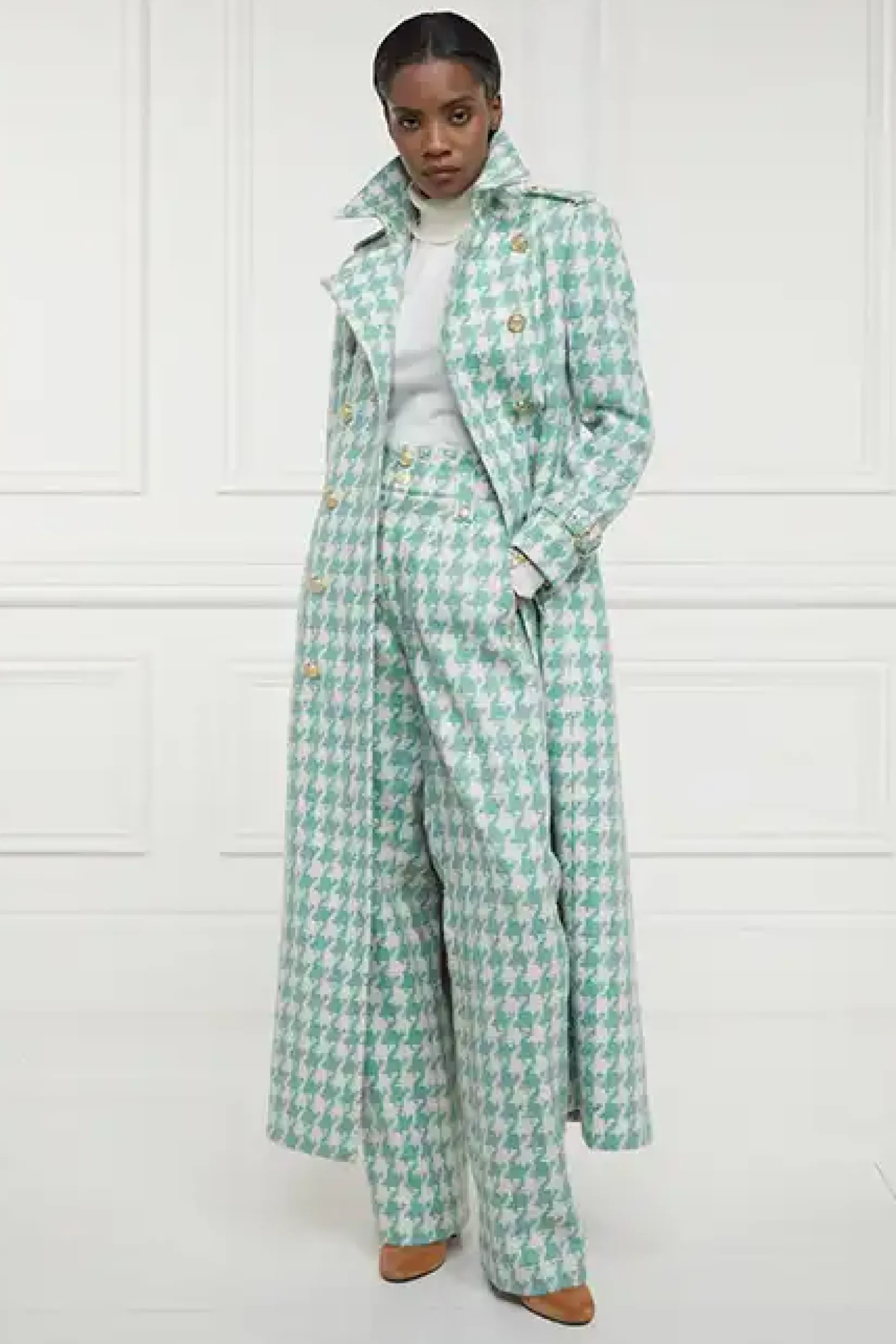 Holland Cooper Trousers|Workwear Wardrobe-High Waisted Straight Trouser Large Scale Teal Houndstooth