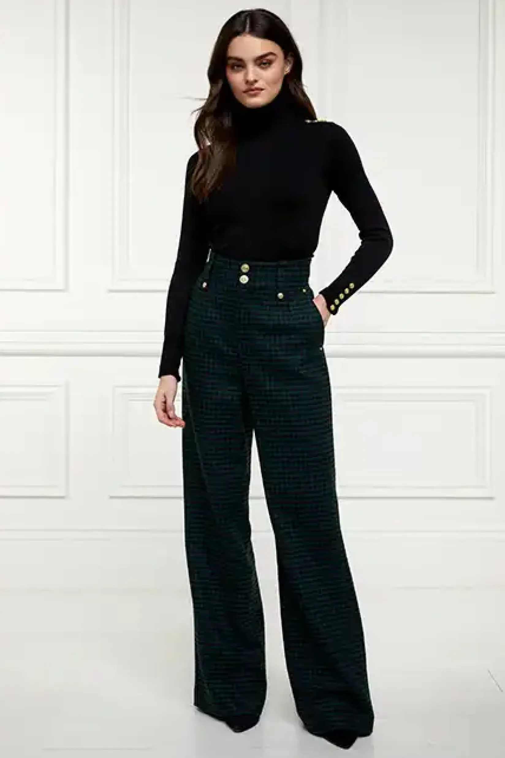 Holland Cooper Trousers-High Waisted Straight Trouser Emerald Houndstooth