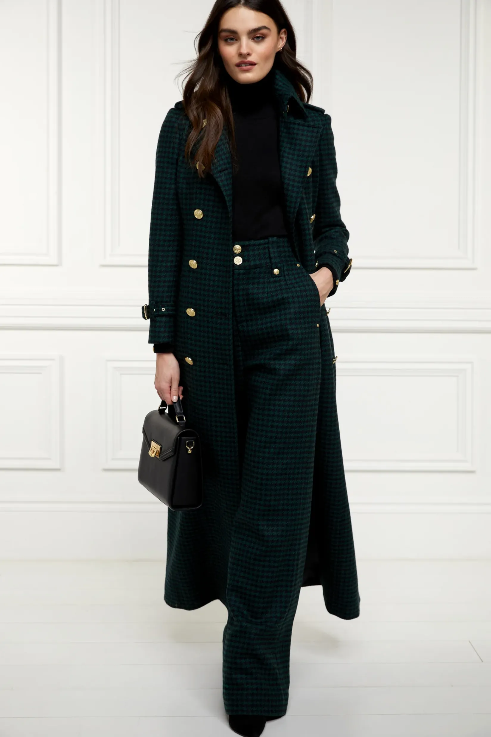 Holland Cooper Trousers-High Waisted Straight Trouser Emerald Houndstooth