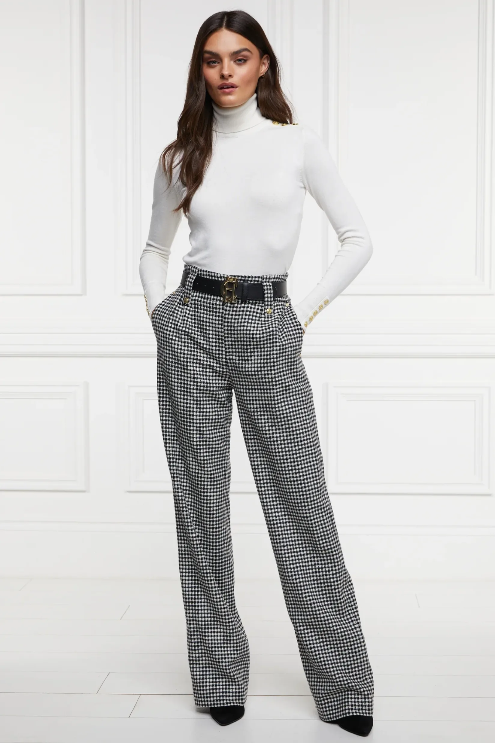 Holland Cooper Trousers|In Stock Tailoring-High Waisted Straight Trouser Black & White Puppy Tooth