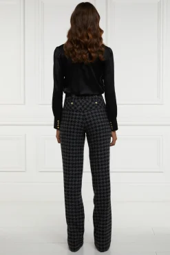 Holland Cooper Trousers|In Stock Tailoring-High Waisted Straight Trouser Large Scale Charcoal Houndstooth