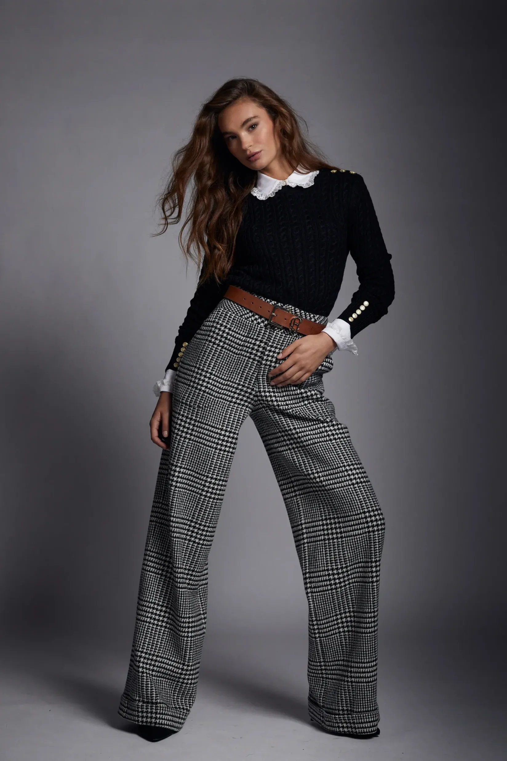 Holland Cooper Trousers|In Stock Tailoring-High Waisted Straight Trouser Large Scale Prince of Wales Mono