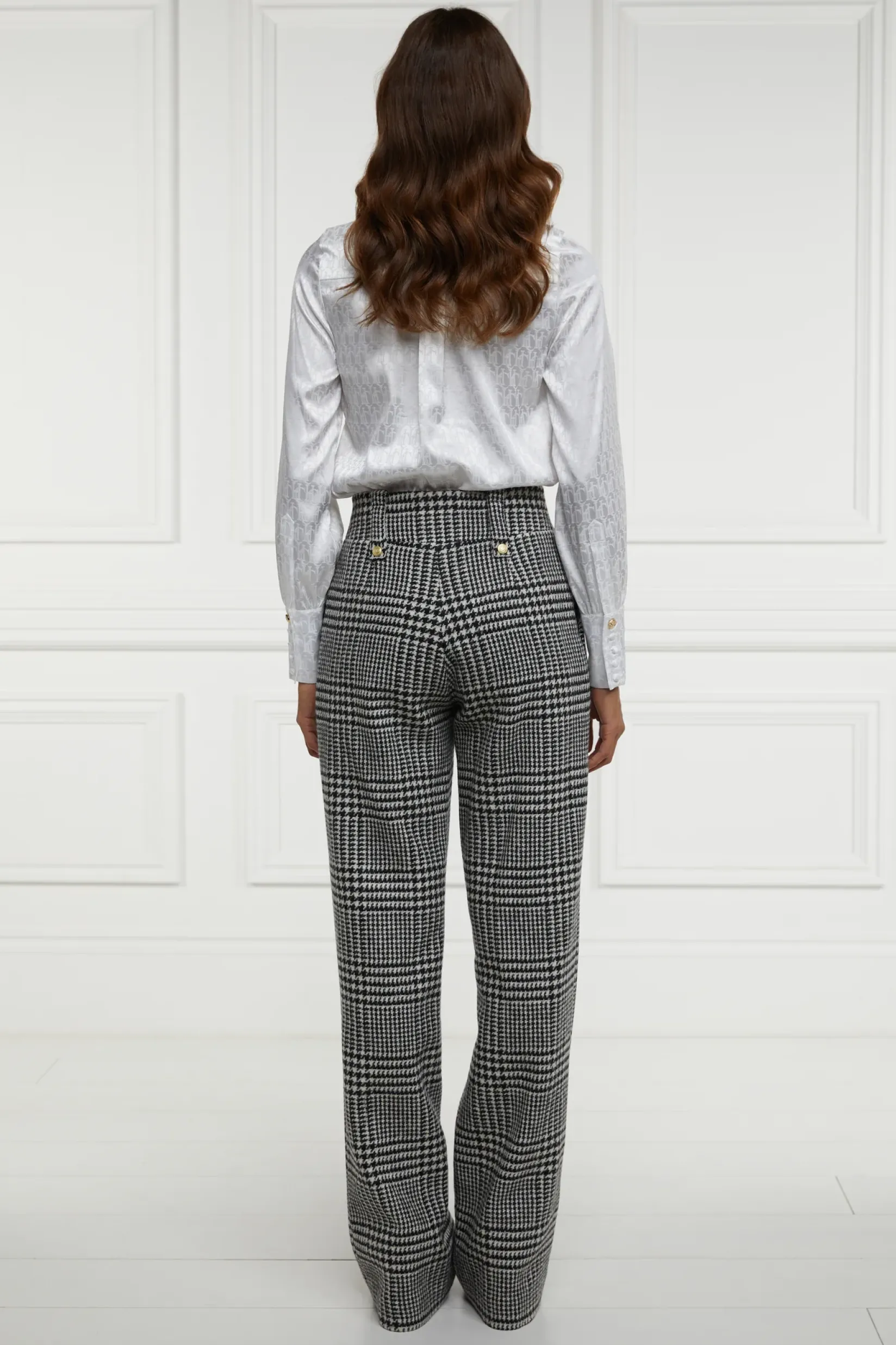 Holland Cooper Trousers|In Stock Tailoring-High Waisted Straight Trouser Large Scale Prince of Wales Mono