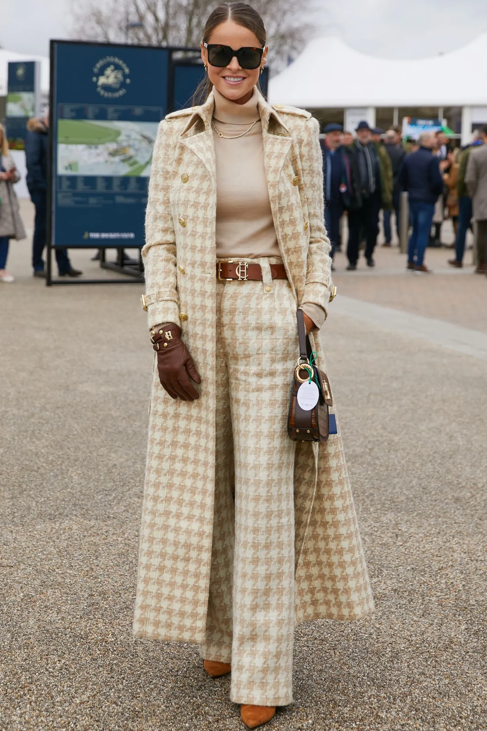 Holland Cooper Trousers|In Stock Tailoring-High Waisted Straight Trouser Camel Houndstooth