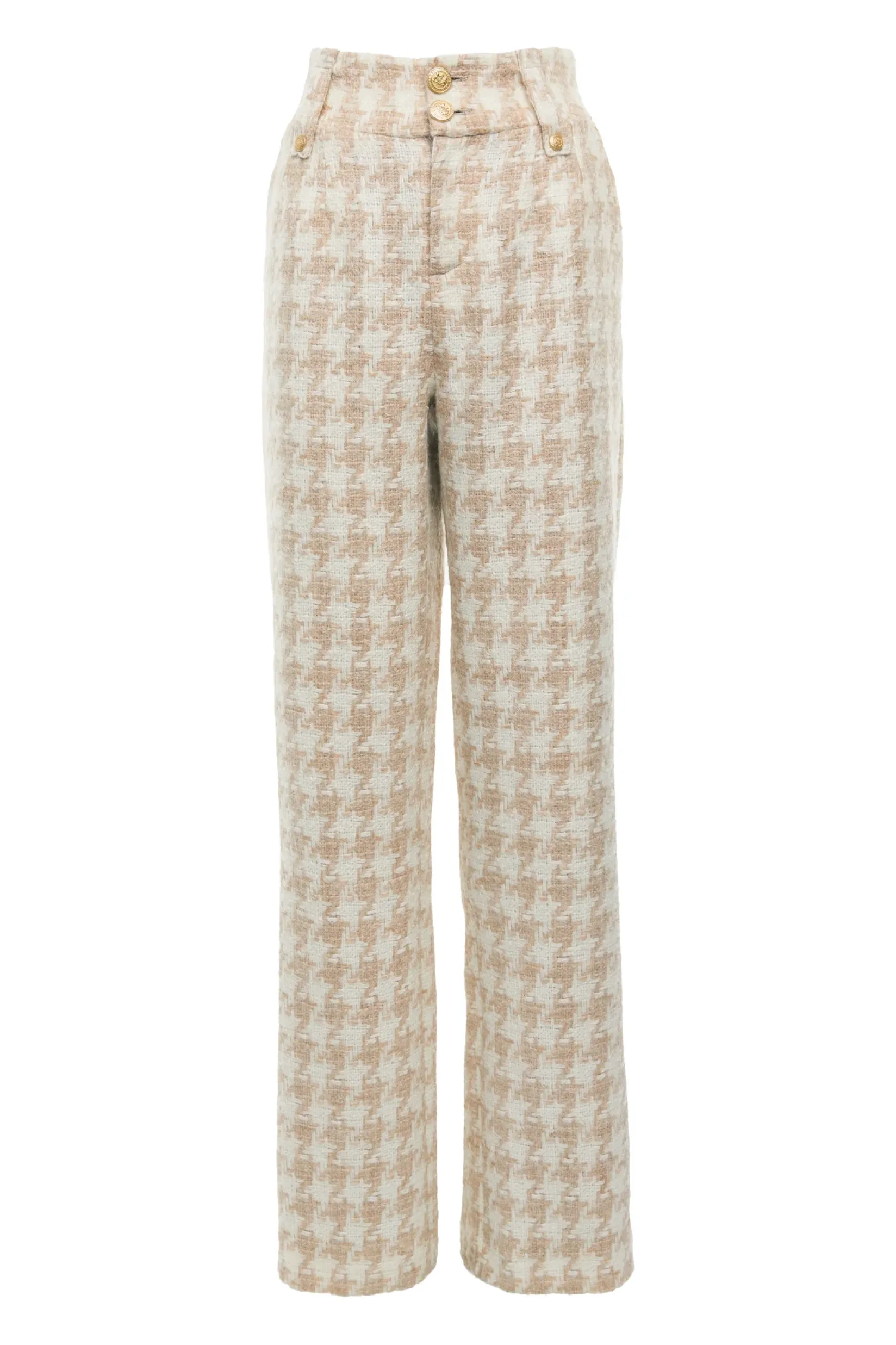 Holland Cooper Trousers|In Stock Tailoring-High Waisted Straight Trouser Camel Houndstooth