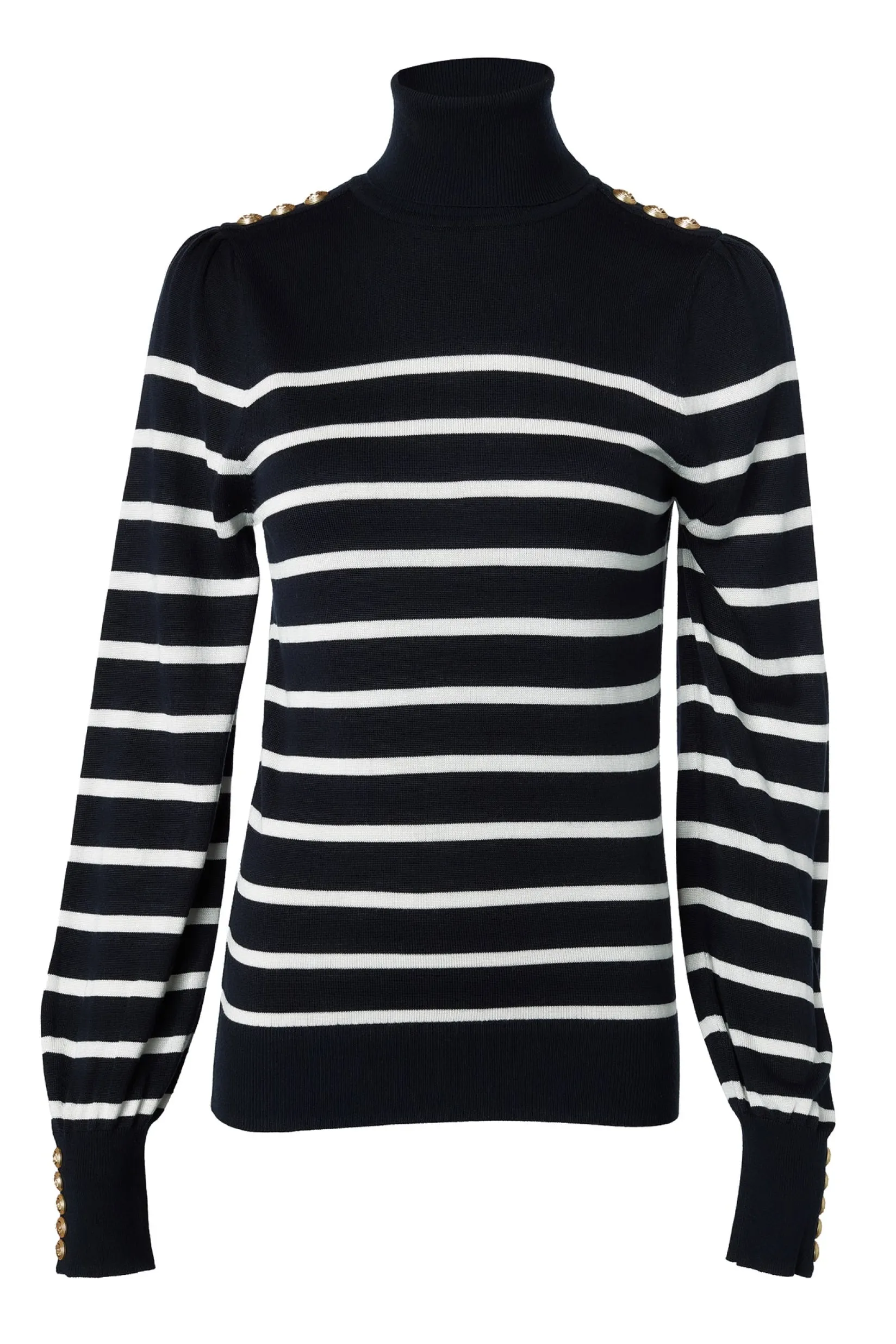 Holland Cooper Knitwear|Wardrobe Staples-Kelsie Roll Neck Knit Ink Navy Natural Stripe