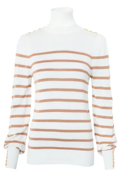 Holland Cooper Knitwear|Wardrobe Staples-Kelsie Roll Neck Knit Natural Camel Stripe