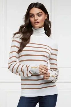 Holland Cooper Knitwear|Wardrobe Staples-Kelsie Roll Neck Knit Natural Camel Stripe