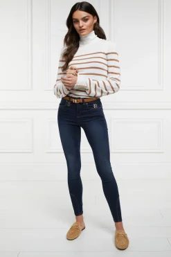 Holland Cooper Knitwear|Wardrobe Staples-Kelsie Roll Neck Knit Natural Camel Stripe