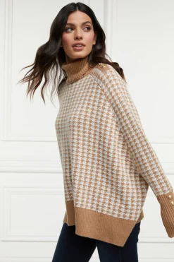 Holland Cooper Knitwear|Bump Friendly Collection-Kingsbury Cape Knit Camel Houndstooth