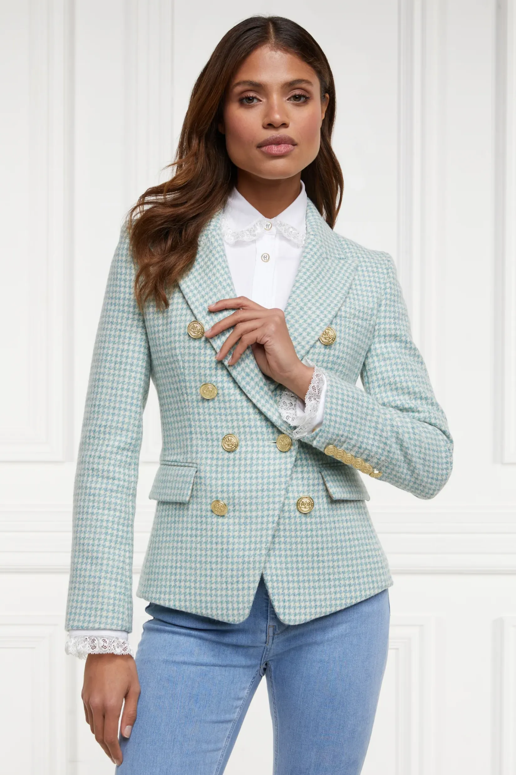 Holland Cooper Blazers|In Stock Tailoring-Knightsbridge Blazer Teal Houndstooth