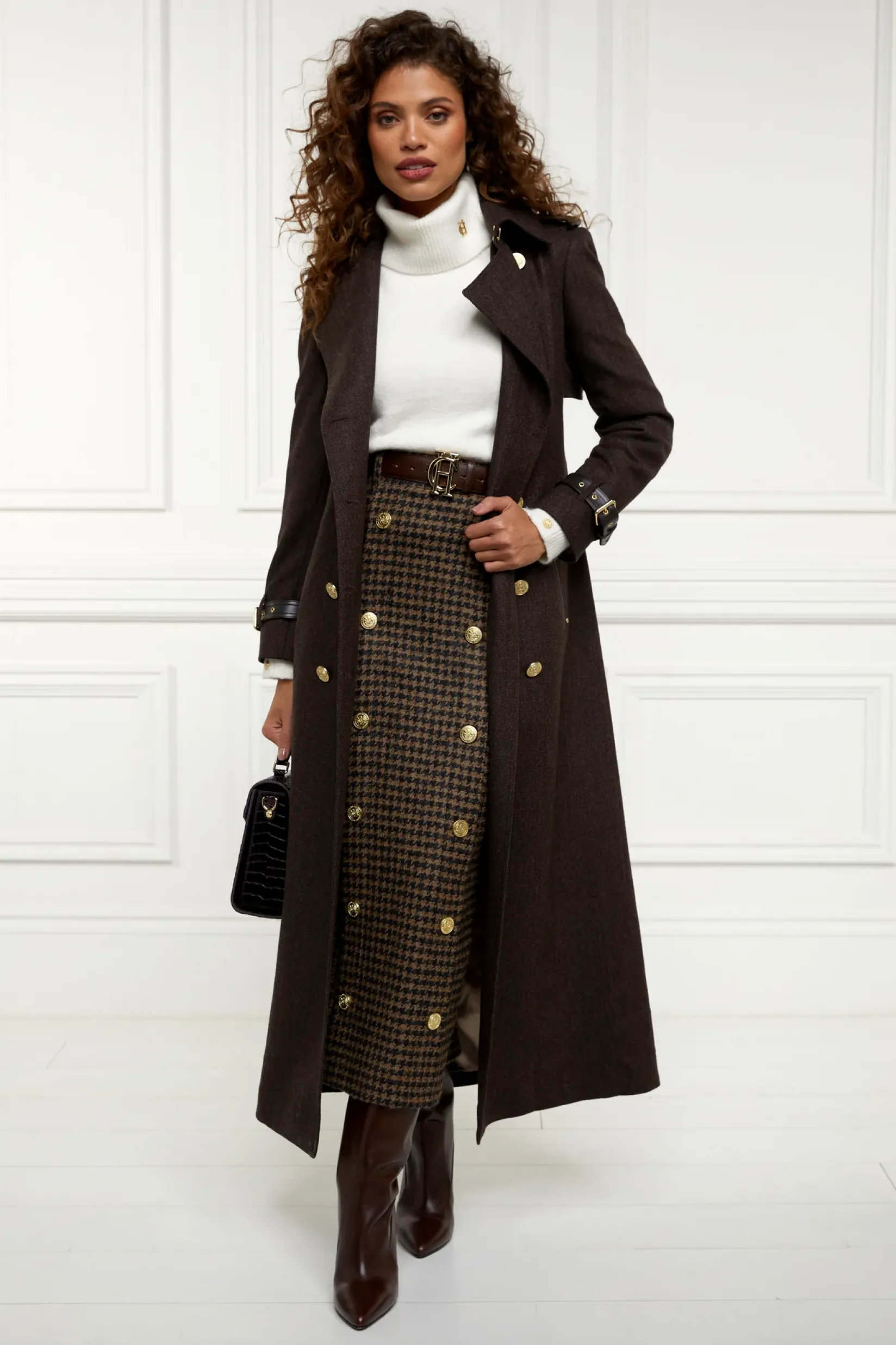 Holland Cooper Shop By Product|Skirts-Knightsbridge Maxi Skirt Chocolate Houndstooth