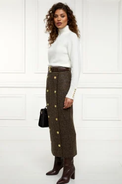 Holland Cooper Shop By Product|Skirts-Knightsbridge Maxi Skirt Chocolate Houndstooth