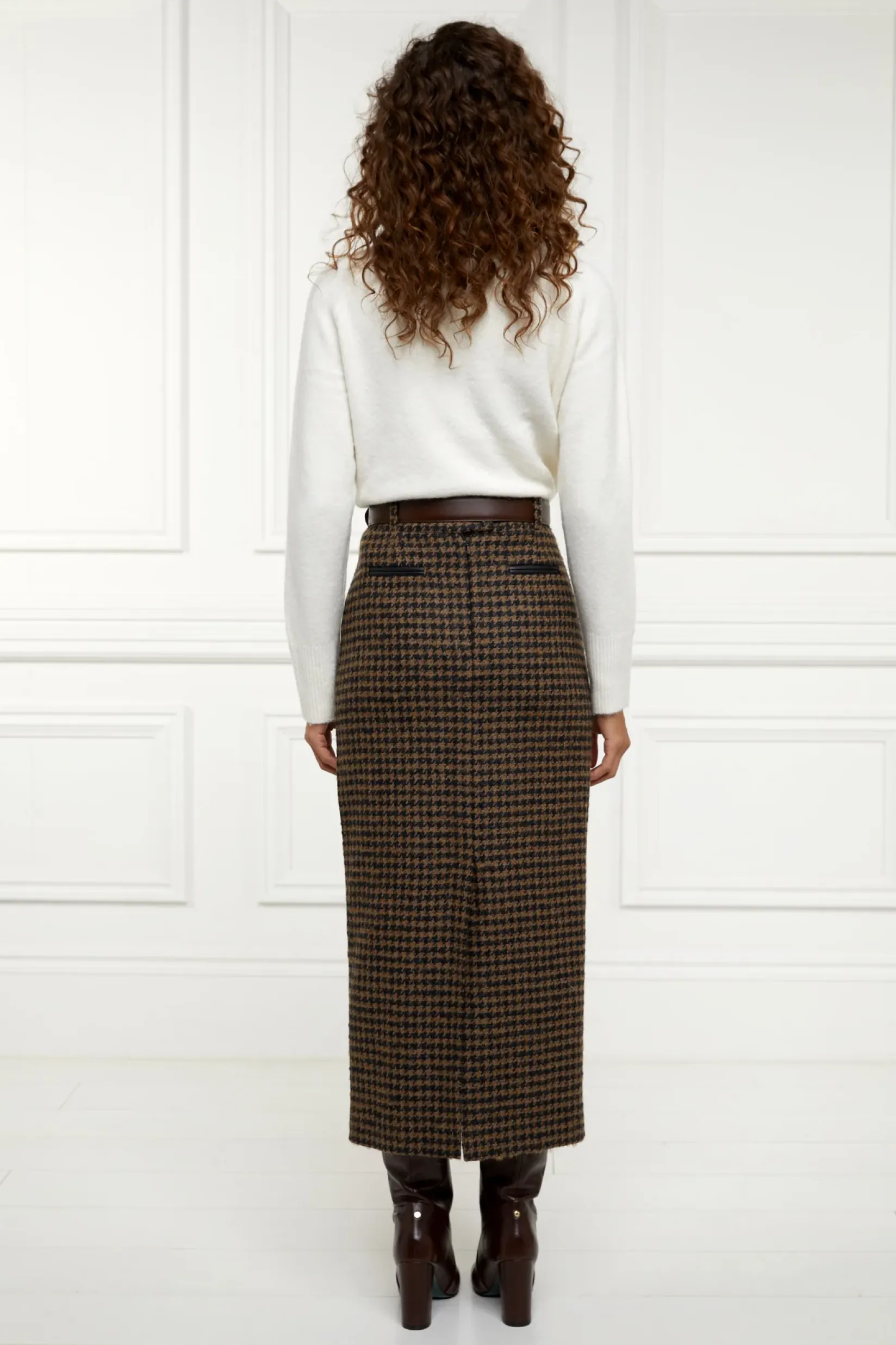 Holland Cooper Shop By Product|Skirts-Knightsbridge Maxi Skirt Chocolate Houndstooth