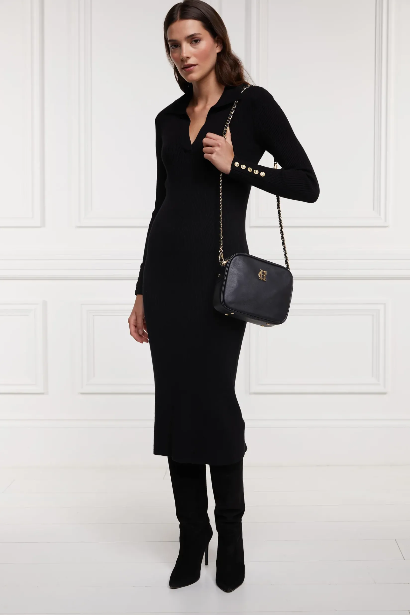 Holland Cooper Gifts For Her|Dresses-Knitted Shirt Dress Black