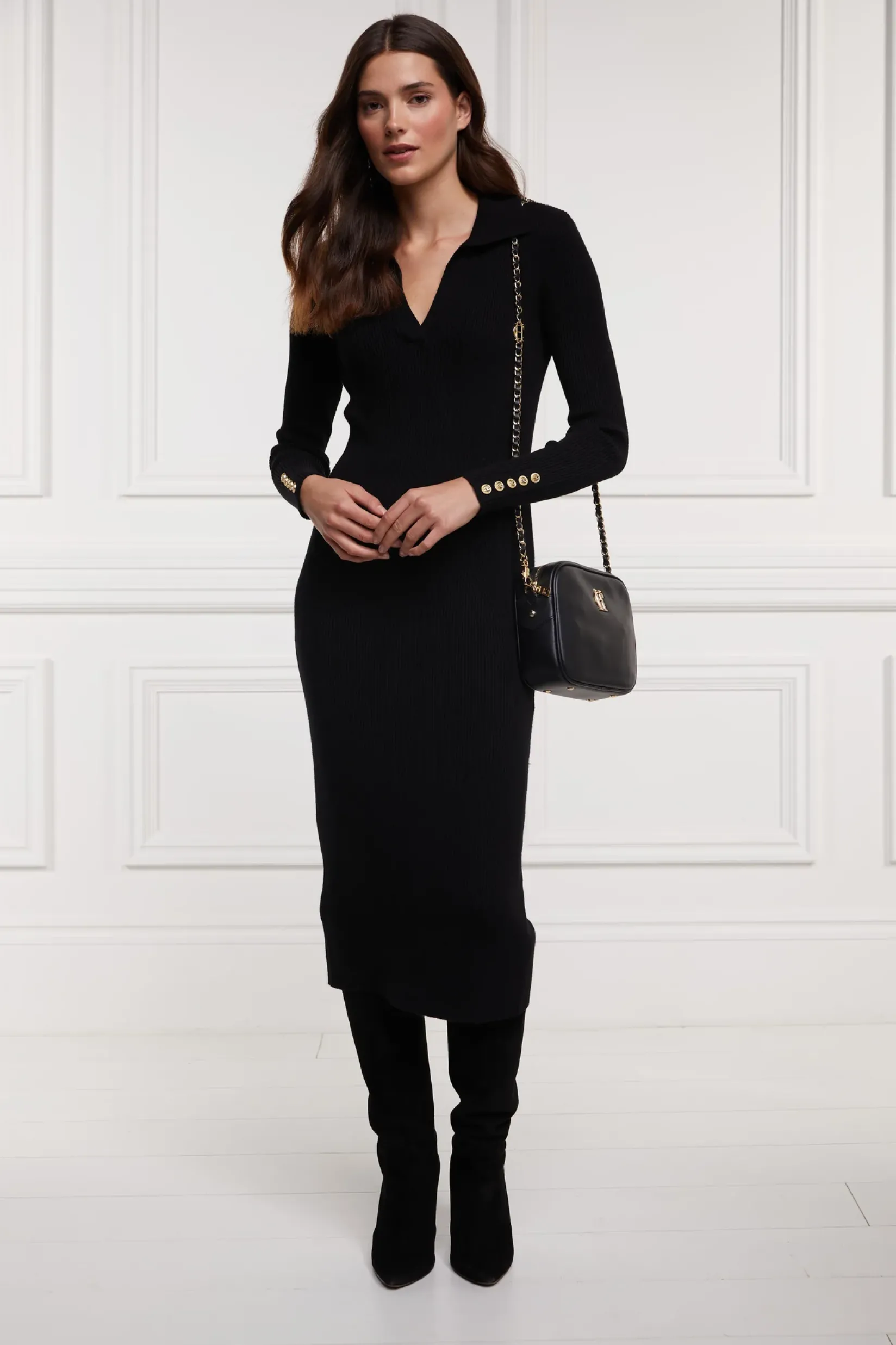 Holland Cooper Gifts For Her|Dresses-Knitted Shirt Dress Black