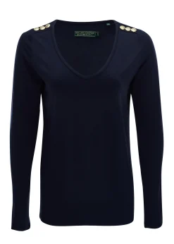 Holland Cooper Tees|Tops-Long Sleeve V-Neck Tee Ink Navy