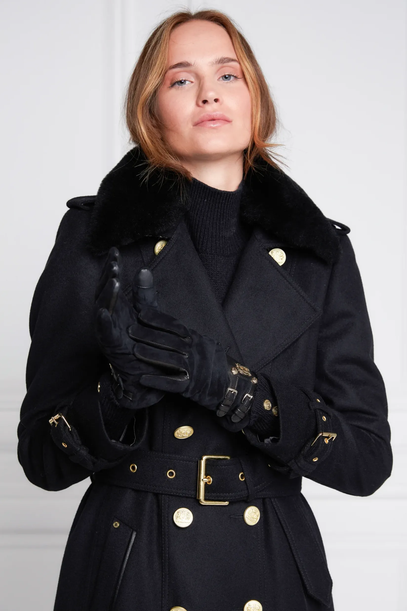 Holland Cooper Trench Coats|Coats-Marlborough Shearling Trench Coat Soft Black