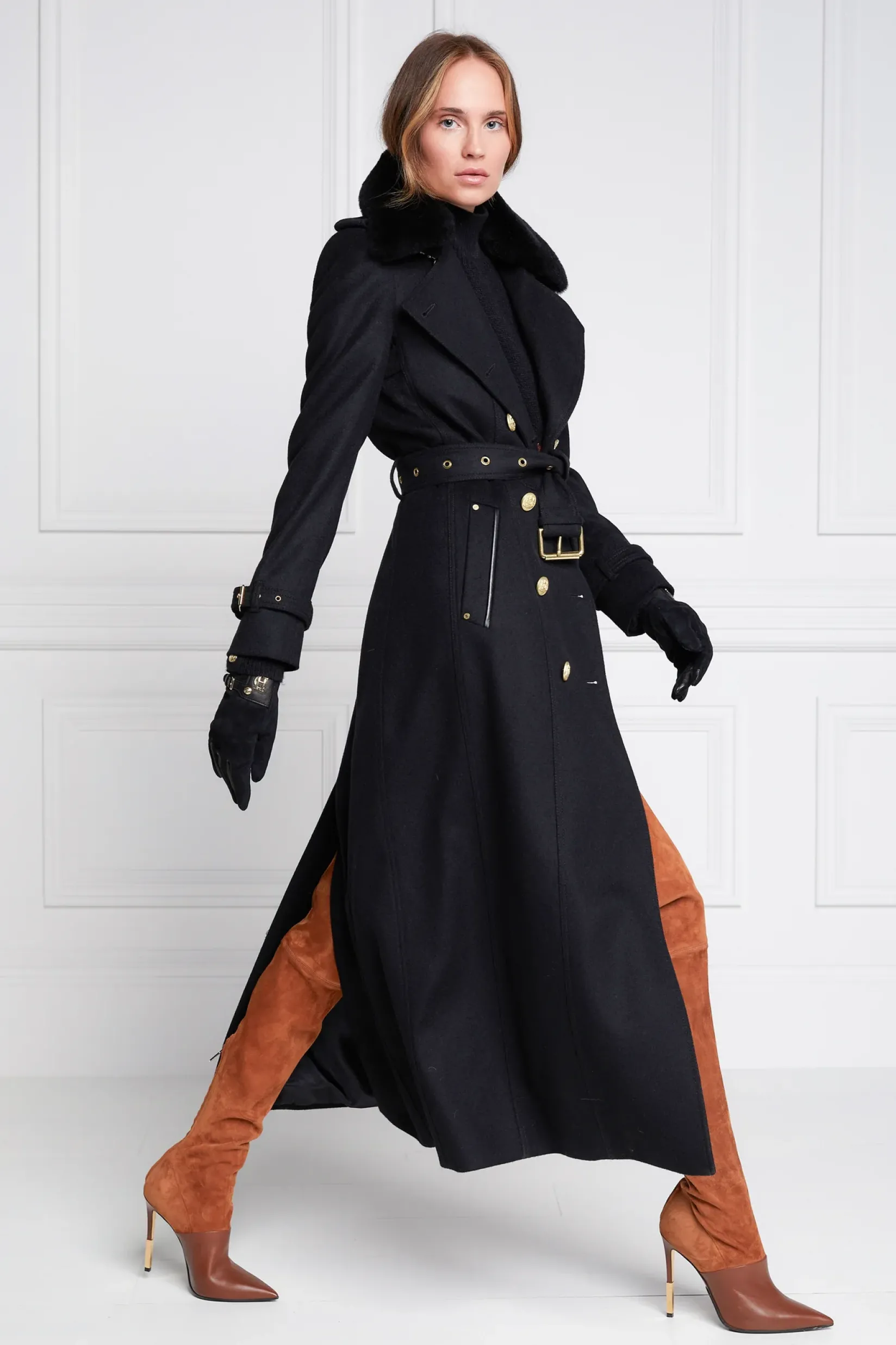 Holland Cooper Trench Coats|Coats-Marlborough Shearling Trench Coat Soft Black